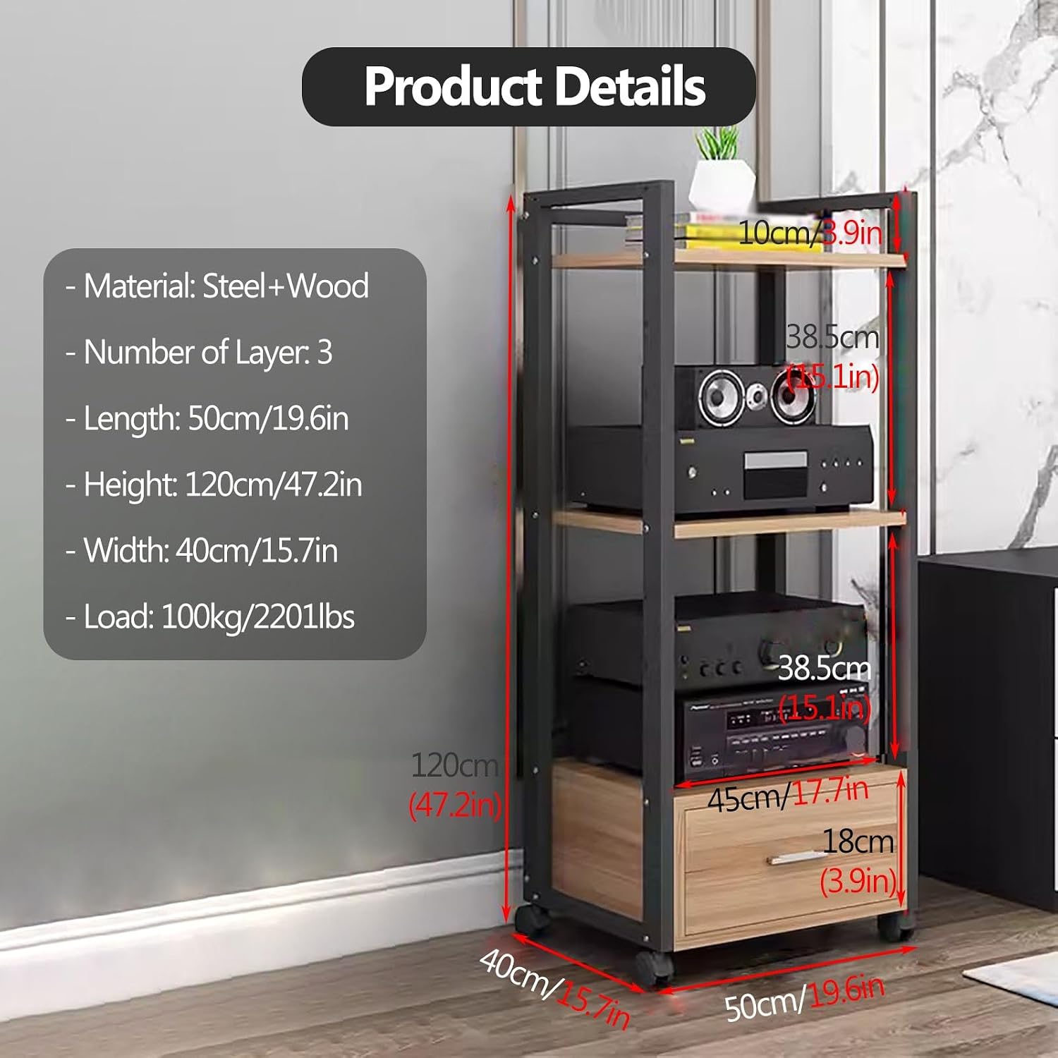 Audio Rack Power Amplifier Equipment Cabinet - Tv Stand with Storage and Shelves - Furniture Media Stand DVD Cd Player Stand - Large Media Storage Shelf On Wheels for Ktv,3 Tiers-120cm Tall