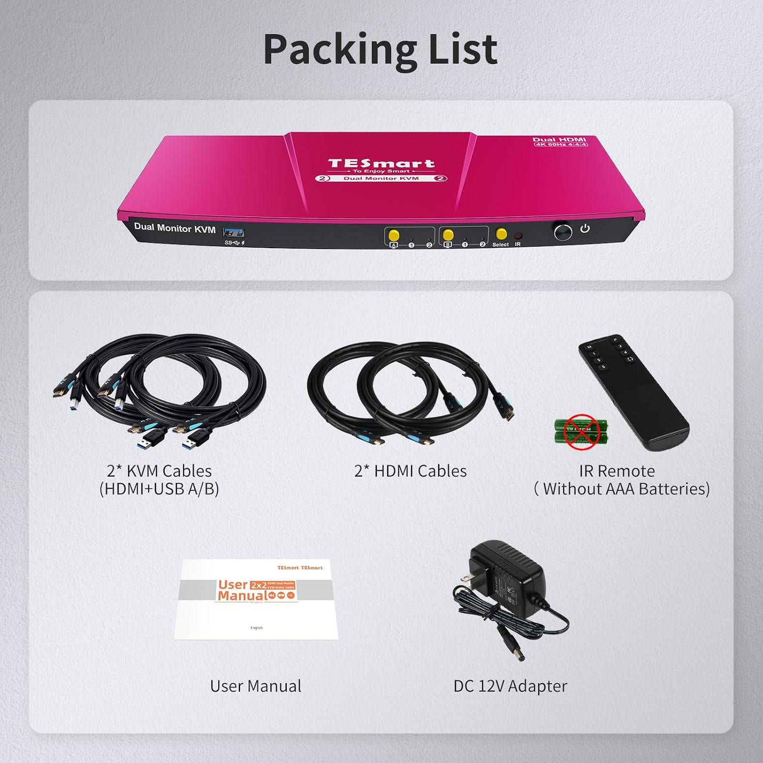 TESmart USB 3.0 HDMI KVM Switch 2 Monitors 2 Computers 4K@60Hz, Dual Monitor KVM Switch HDMI 2 Port Extended Display, Audio&Microphone, EDID Emulators, Hotkey Switch, Button Switch with Input Cables