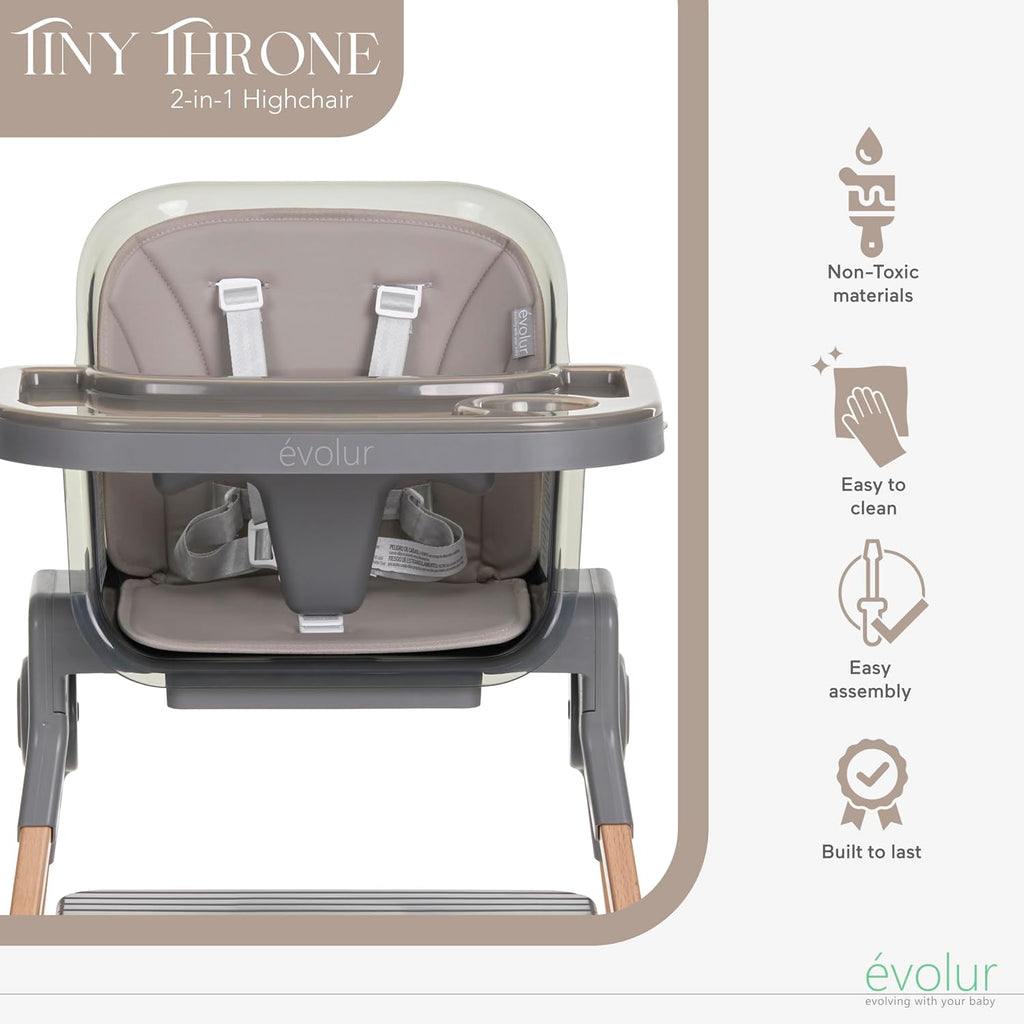 Evolur Tiny Throne 3-in-1 Convertible High Chair, Removable & Dishwasher Safe Tray, Converts to Booster Seat & Adult Stool, Easy-to-Clean Feeding Solution – Fossil Gray