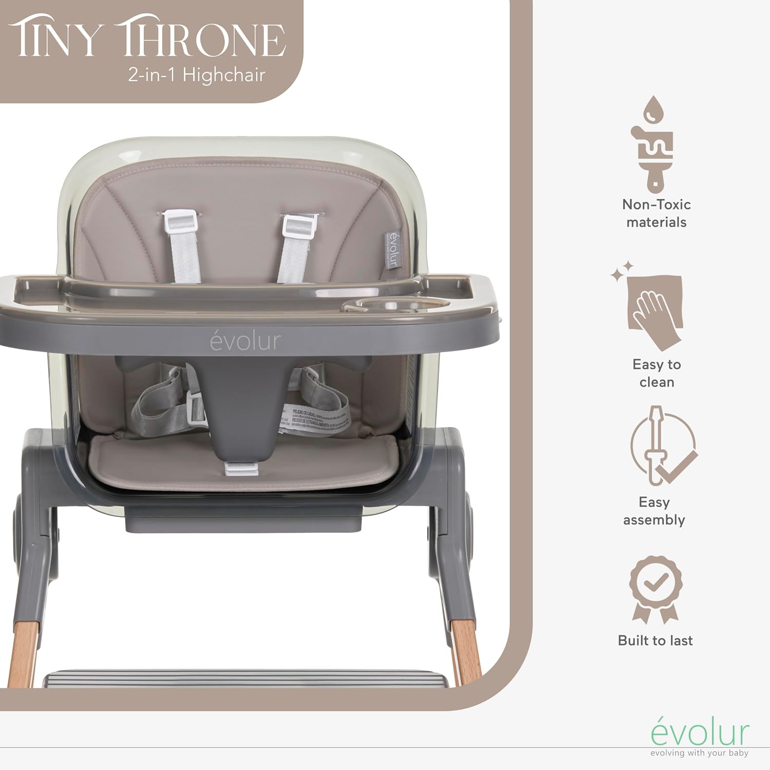 Evolur Tiny Throne 3-in-1 Convertible High Chair, Removable & Dishwasher Safe Tray, Converts to Booster Seat & Adult Stool, Easy-to-Clean Feeding Solution – Fossil Gray