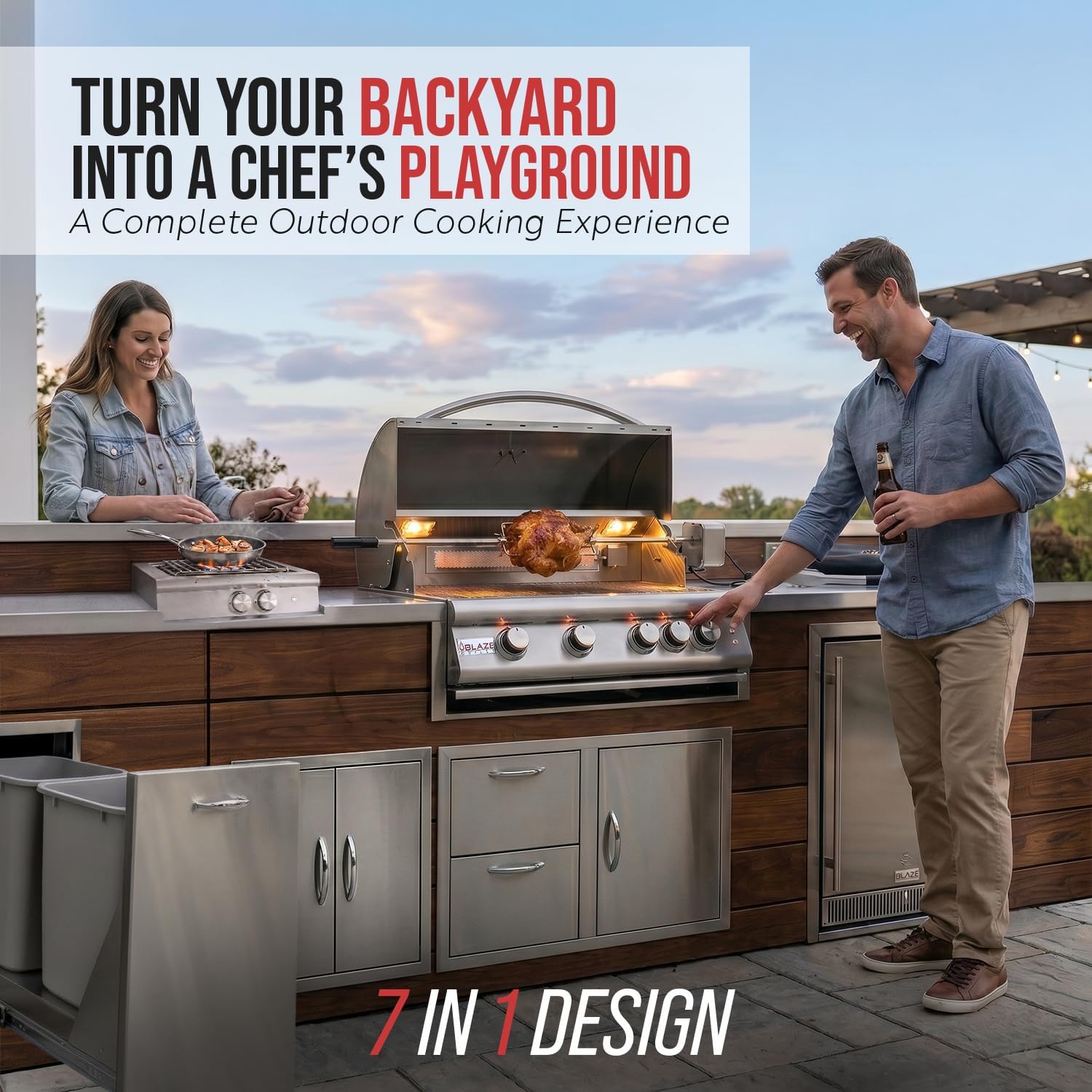 BLAZE BBQ Outdoor Gas Grill Package of 32' LTE Built-in Gas Grill, LTE Gas Griddle, LTE Gas Power Burner, 32' Door & Two Drawers Combo, Trash Drawer, Double Access Door, Refrigerator, and Accessories