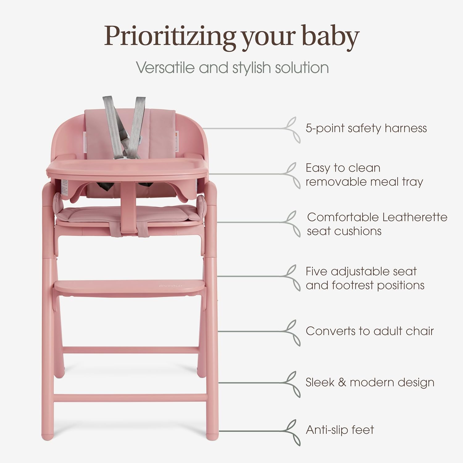 Evolur Step and Savor Baby High Chair, Converts to Adult Stool, 5 Position Adjustable Height and Footrest Positions Portable High Chair, Removable Tray, Easy to Clean and Removable Cushion