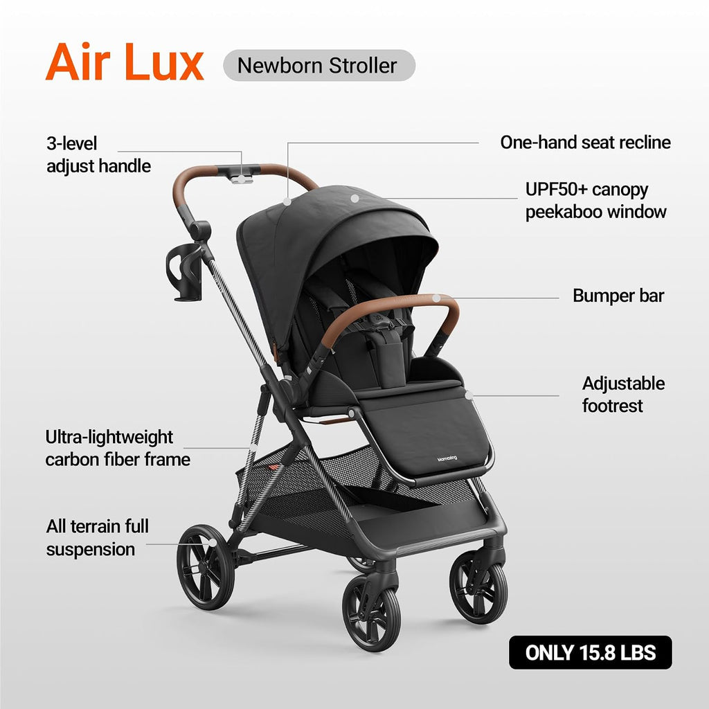 MAMAZING Air Lux Baby Stroller, Carbon Fiber Frame Only 15.8lbs, Compact Fold Toddler Stroller with Reversible Seat with Infant Insert, Included UPF 50+ Canopy, Large Storage Basket & Car Seat Adapter