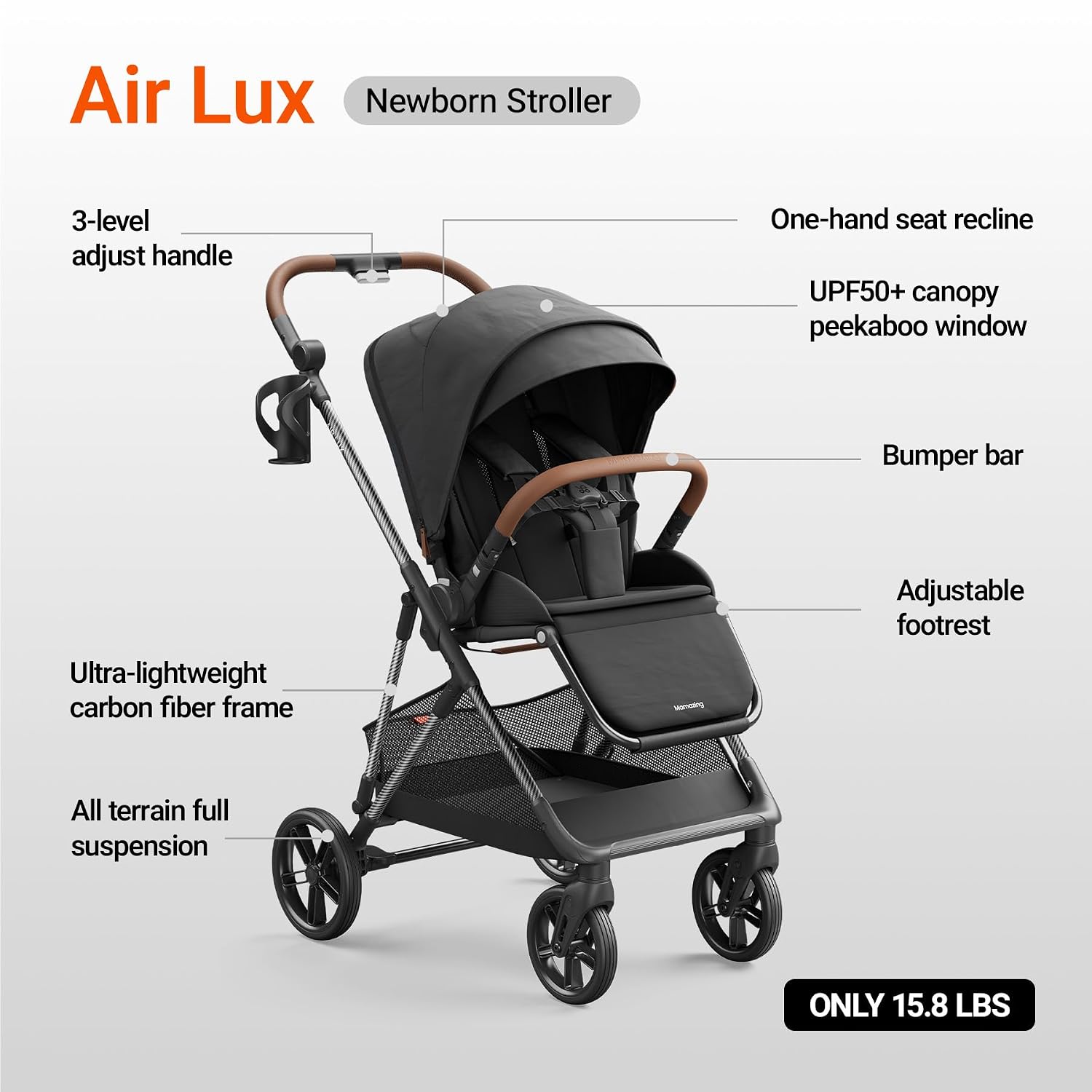 MAMAZING Air Lux Baby Stroller with Bassinet from Newborn to 50 lbs, Strength Carbon Fiber Frame Only 15.8lbs, Bassinet Stroller Included Reversible Seat, Car Seat Adapter & Large Storage Basket