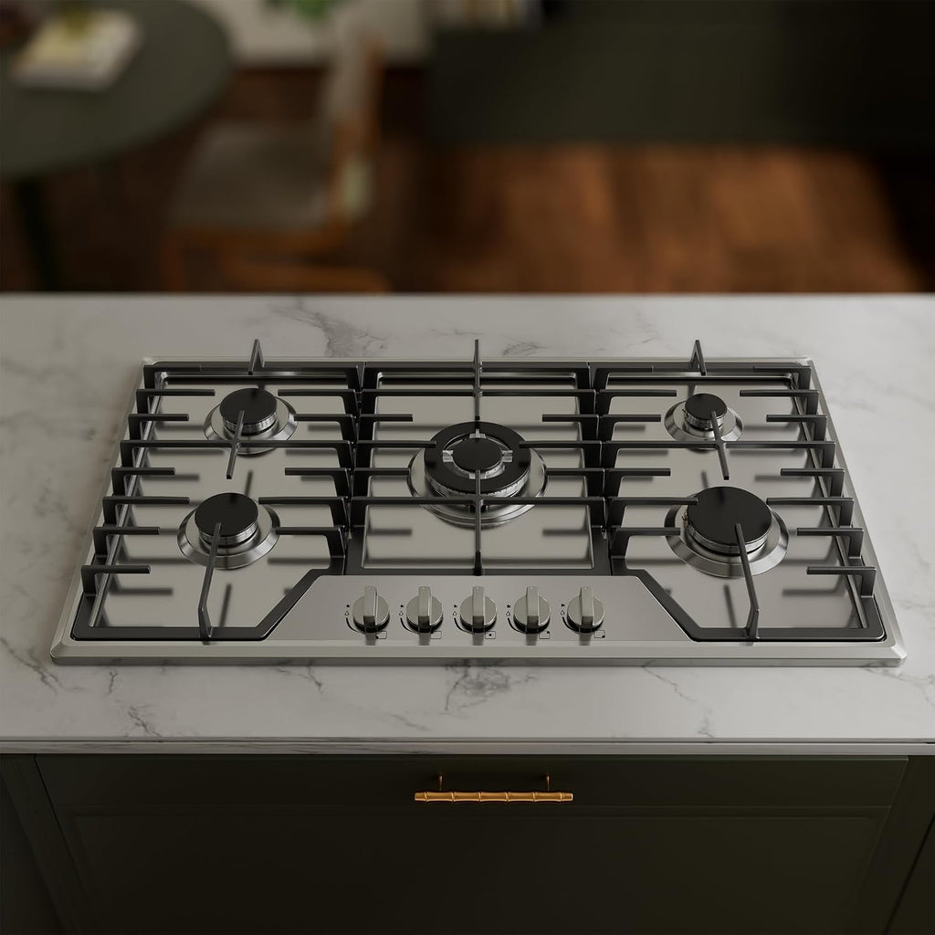 36 Inch Gas Cooktop Stainless Steel with 5 Sealed Burners, Drop-in Stovetop with Cast Iron Grates, NG/LPG Convertible, 38000 BTU