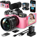 8K Digital Cameras for Photography 64MP - 16X Zoom Autofocus, WiFi, 180° Flip Screen with Wide-Angle & Macro Lens, Vlogging Camera for YouTube Travel with 64GB TF Card, 2 Batteries & Mic (Pink)