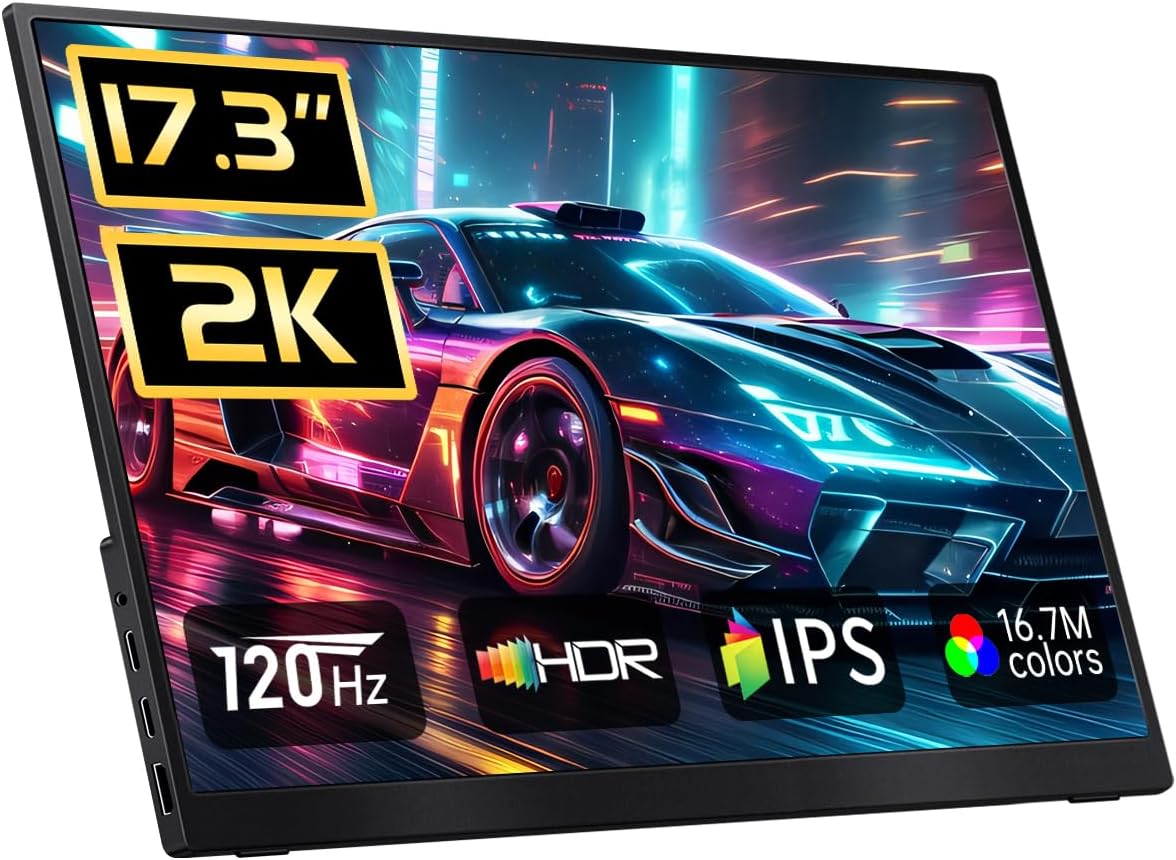 Portable Monitor 2K 120Hz, 17.3'' QHD 2560x1440P 100% DCI-P3, Ultra Slim Travel Gaming Monitor with Kickstand, USB-C HDMI HDR External Screen for Laptop PC Mac Xbox Switch PS5/4