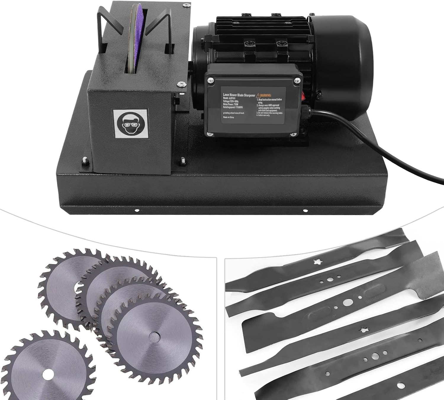 Lawn Mower Blade Sharpener, 1HP 750W Lawnmower Blade Bench Grinder with 9-inch Grinding Wheel, Heavy-Duty Sharpening Machine for High/Low Lift Blades, Gator Blades, Flat Blades