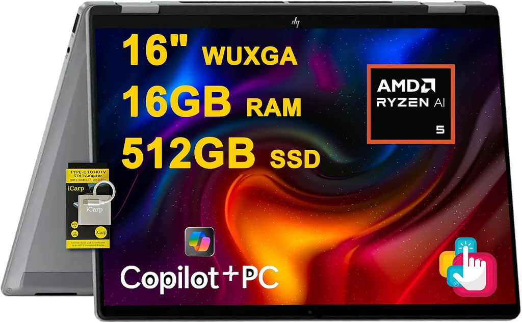 HP OmniBook X Flip 2-in-1 Laptop 16' WUXGA IPS Touch (400nits) AMD 6-core Ryzen AI 5 340 (Up to 50 Tops) 16GB RAM 512GB SSD for Creator Designer Business Professional Win11 ICP Hub