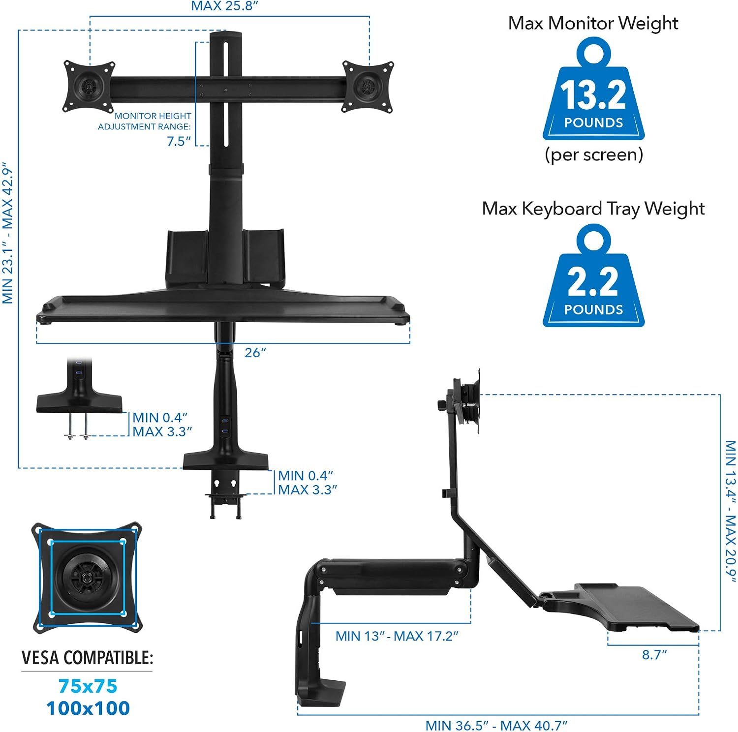 Mount-It! Dual Monitor Arm Desk Mount Sit-Stand Workstation with 2 USB 3.0 Ports, Height Adjustable 23.1–42.9', Fits Two 17–27' Screens, 13.2 lbs Each, VESA 75x75 100x100, Clamp or Grommet