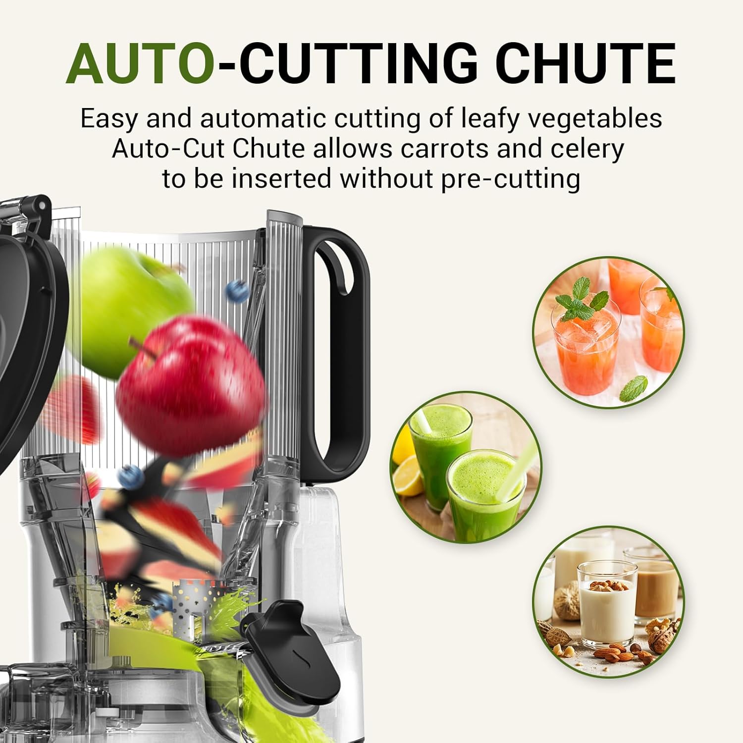 AMZCHEF Cold Press Juicer – 5.8' Wide Mouth Hopper for Whole Recipe Loading, Self Feeding for Hands-Free Operation, Zero Waste Masticating Juicer For More Juice, Less Pulp – Triple Strainers