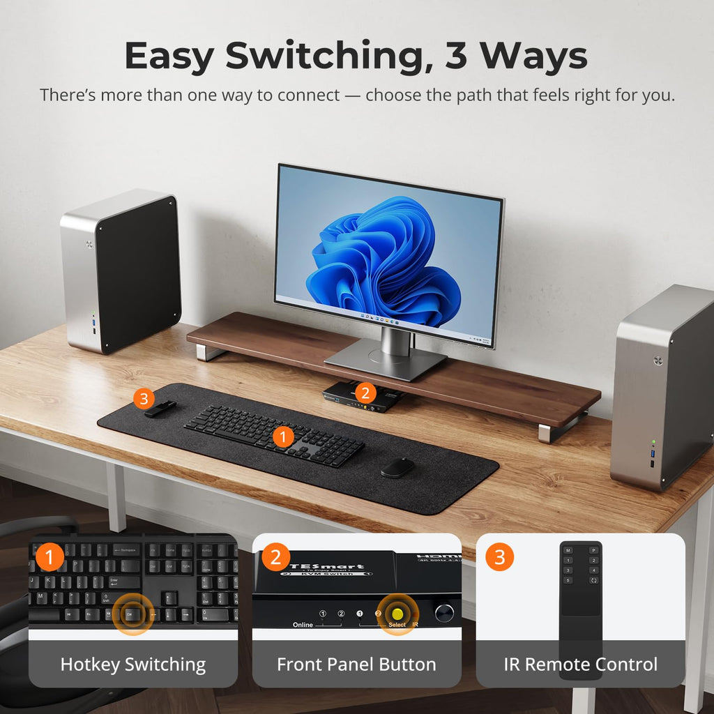TESmart USB 3.0 HDMI KVM Switch 1 Monitor 2 Computers 4K@60Hz, L/R Audio & Microphone, 2 Port EDID Emulators, Hotkey Switching, Button Switching with Remote Switch and All Input Cables