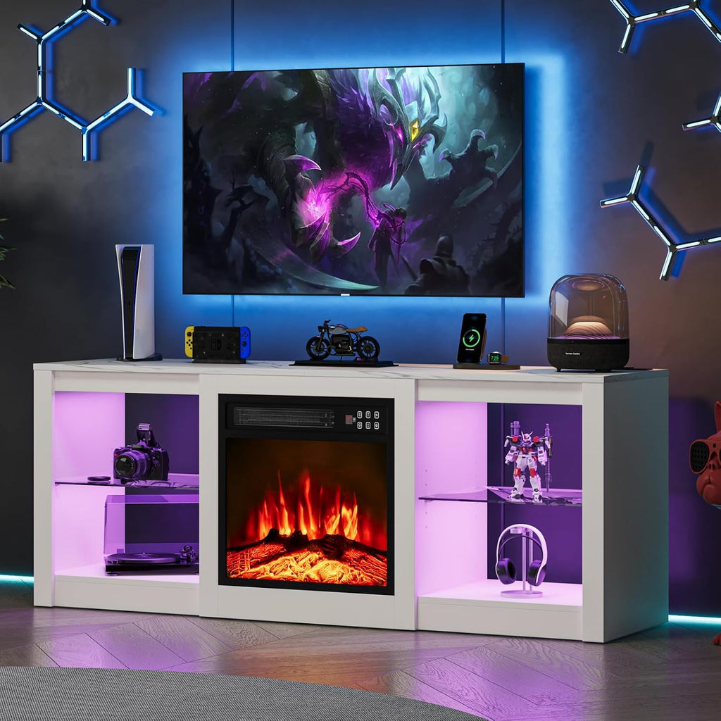 EAG Fireplace TV Stand for 65' TV, TV Stand with 18' Electric Fireplace, Entertainment Center with Glass Shelves, LED Lights and Power Outlets, Media TV Console for Living Room, White