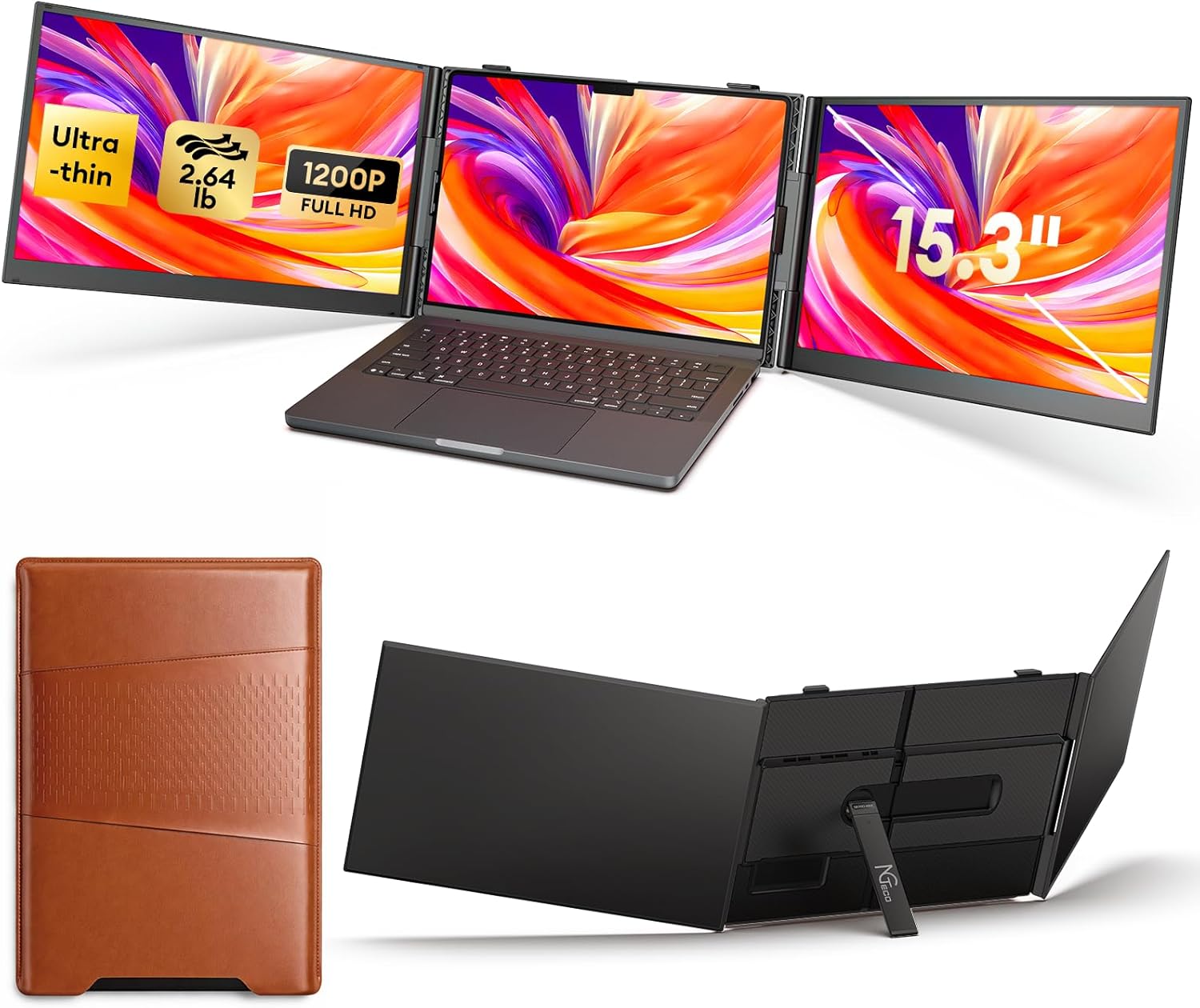 NGTeco 15.3 Inch Triple Screen Extender for Laptop, 1200P Portable Monitor with H5-T Adapter, 4.6mm Ultra-Slim 2.64LB, Plug and Play for 14-17.3 Inch Mac Windows Linux Chrome OS Laptops