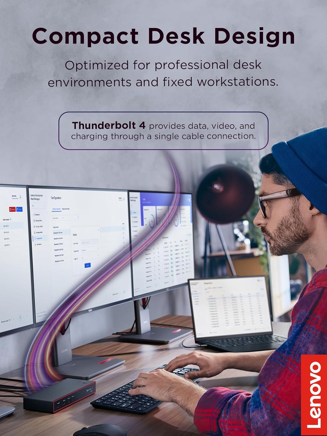 Lenovo ThinkPad Thunderbolt 4 Smart Dock Gen 2 7500, Multiple Display Support, Integrated 1M Thunderbolt 4 Cable, Remote Hardware Management, 40Gbps Data Speed, 100W Power Delivery, Black