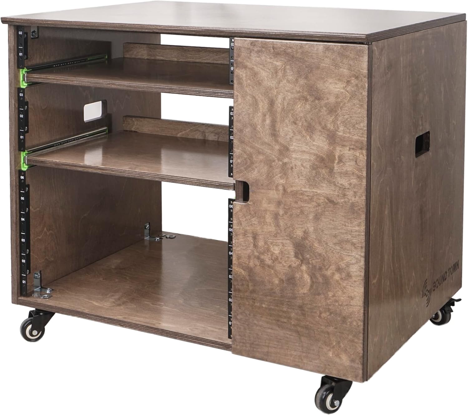 Sound Town DIY 11U Solid Baltic Birch Plywood Plywood Studio Rack with Slide-Out Trays, Cabinet, Casters, Weathered Brown, for Recording Room, Home Studio (SDRK-CR11B)