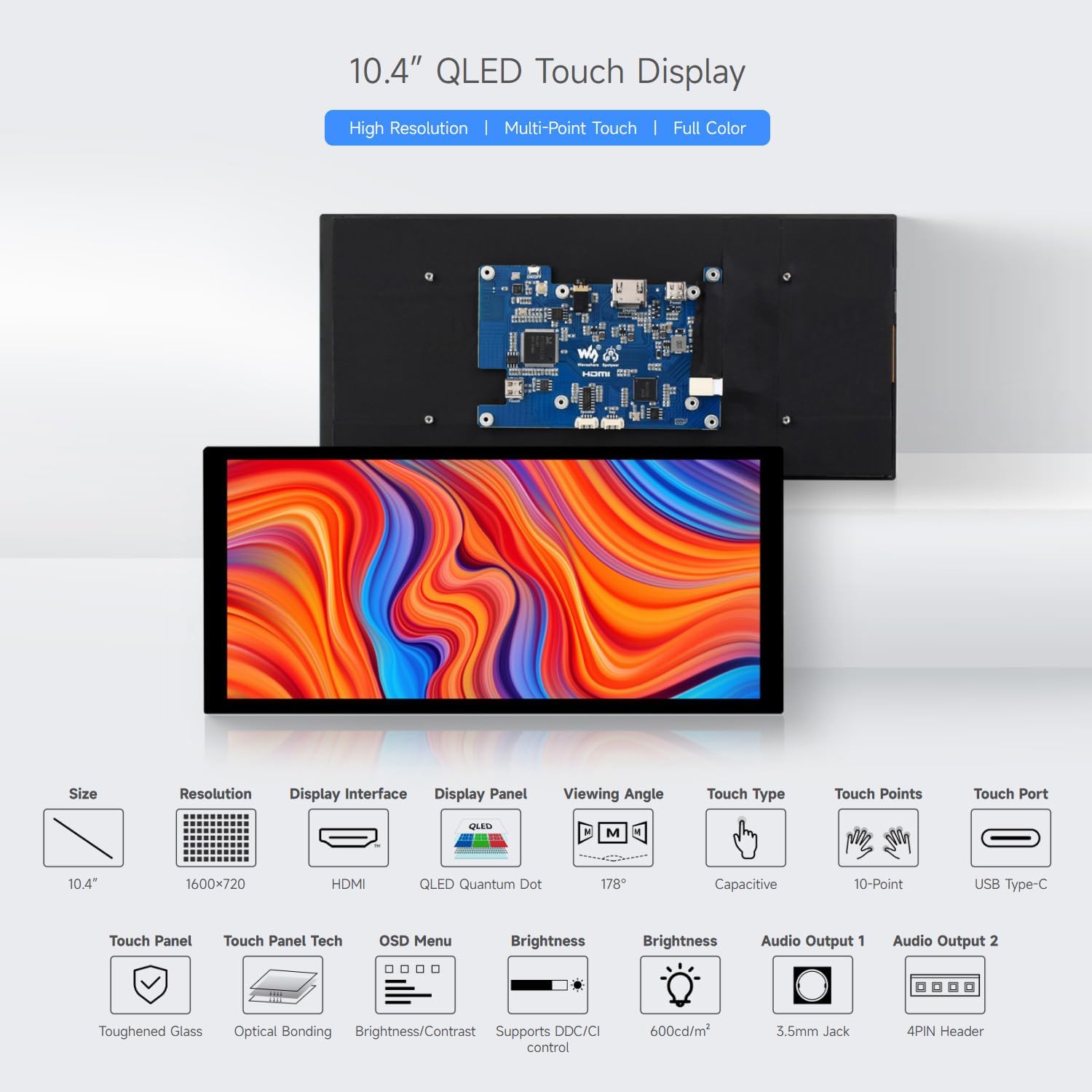 waveshare 10.4inch QLED Quantum Dot Display, 1600×720 Resolution, Compatible with Raspberry Pi 5/4B/3B/Zero/Zero W/Zero 2W/Pico/Pico W/Pico WH, Jetson Nano and PC