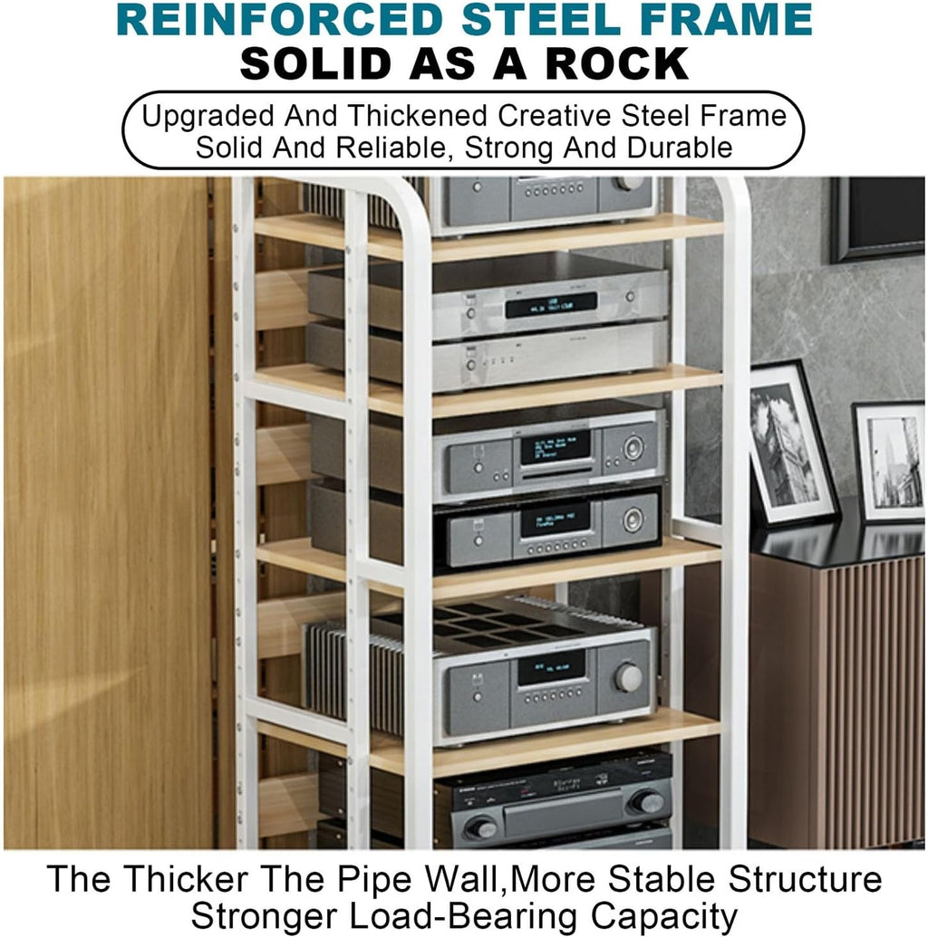 Gaming Audio Rack, Corner Media Stand with Storage Shelves & Universal Wheels, DVD Shelf for Living Room, Music Studio, Recording Room - White, 50x42.5x70cm