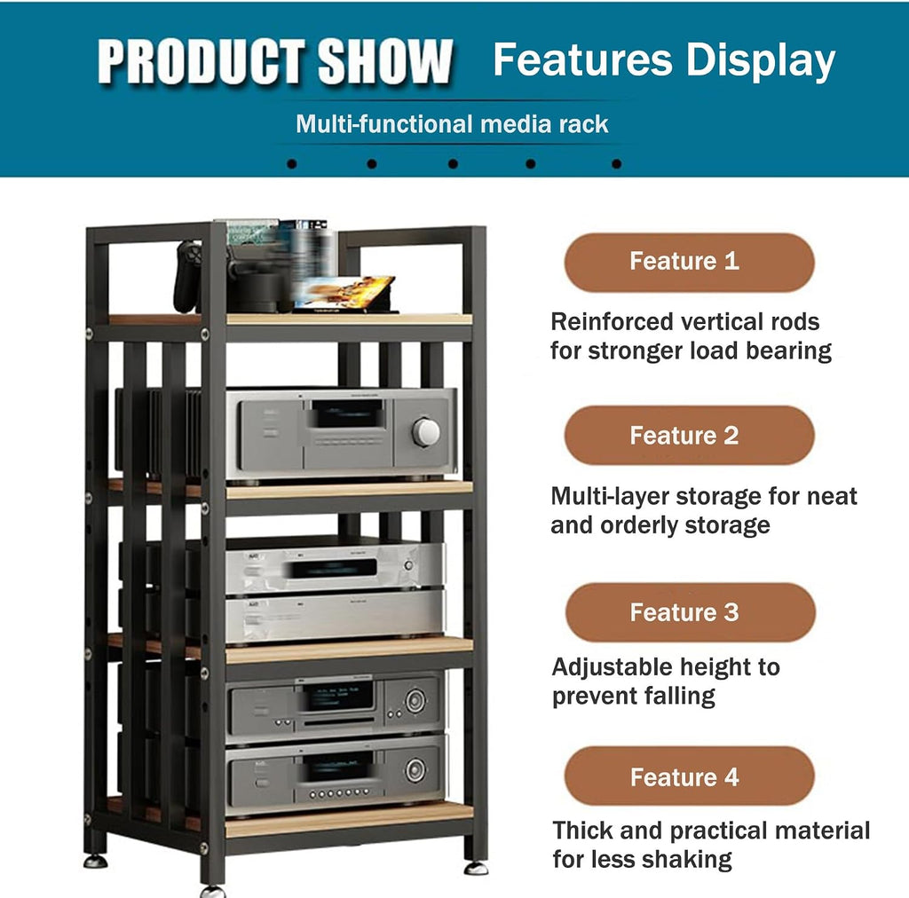 4-tier Media Stand Audio-video Shelving Stereo Console Stand Tower Rack Wooden Cabinet Open-Ended Electronics Equipment Shelf with Height Adjustable Shelves for TV Box/DVD Player Gaming Rec Room(Black