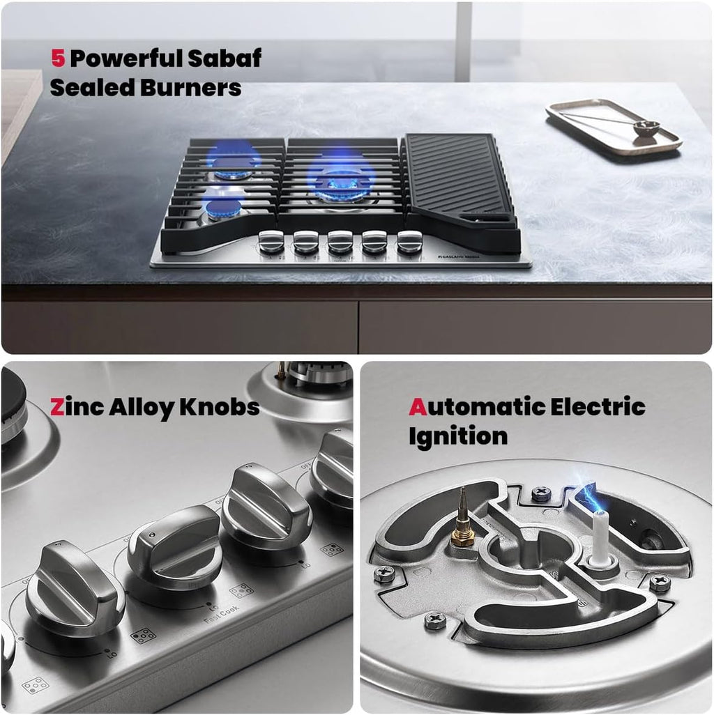 GASLAND Master 30 Inch Heavy Duty Gas Cooktop with Griddle PRO GH3805SS1FC with 5 Burners, CSA certified, 120V Plug-in, NG/LPG Convertible