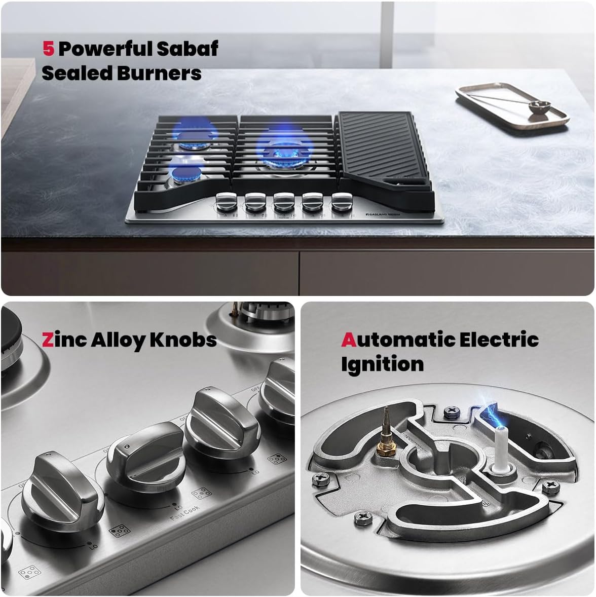 GASLAND Master 30 Inch Heavy Duty Gas Cooktop with Griddle PRO GH3805SS1FC with 5 Burners, CSA certified, 120V Plug-in, NG/LPG Convertible
