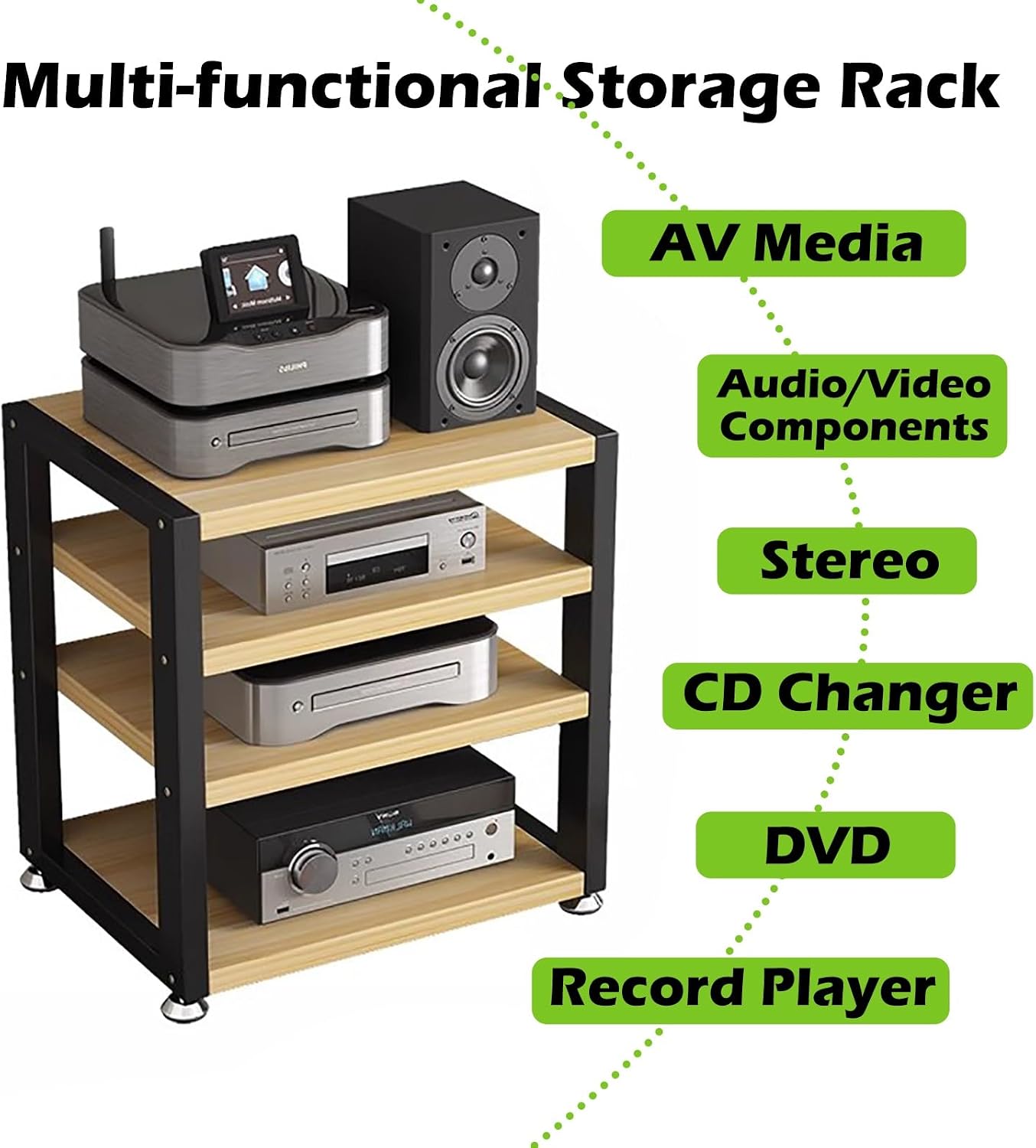 Small 3 Tier Audio Cabinet Rack, Wood Audio Video Component Tower, AV Media Equipment Stand, Floor Standing Corner Shelf for Record Player