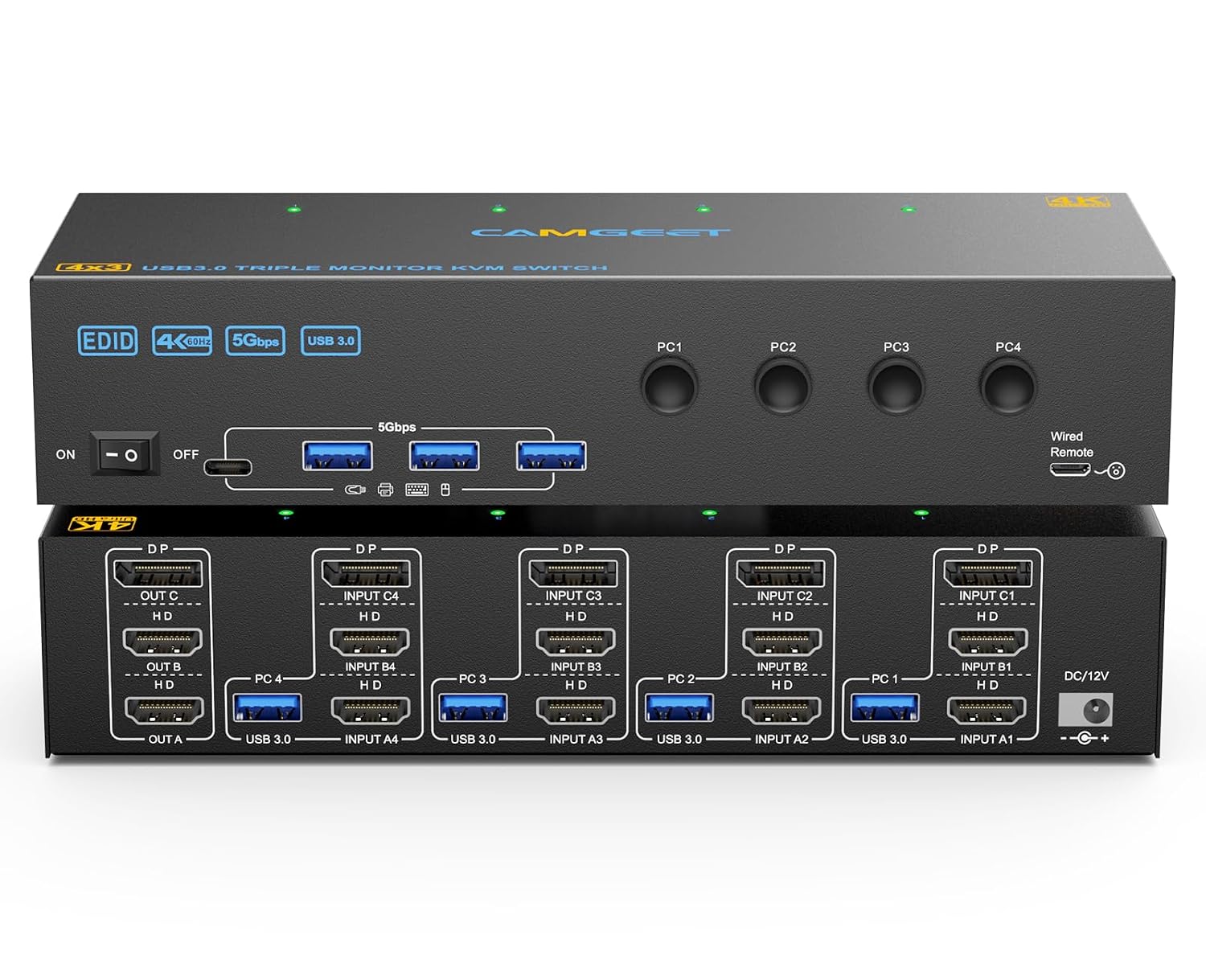 KVM Switch 2 Monitors 1 Laptop and 1 Desktop 4K@60Hz,Camgeet USB C HDMI Dual Monitor KVM Switch with 4 USB3.0 Ports for Keyboard Mouse,80W PD Charging,Wired Remote,USB-C Cable and 12V Adapter Included