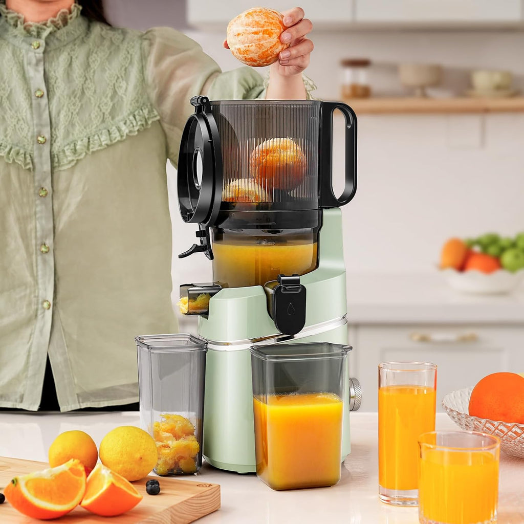 AMZCHEF Cold Press Juicer – 5.8' Wide Mouth Hopper for Whole Recipe Loading, Self Feeding for Hands-Free Operation, Zero Waste Masticating Juicer For More Juice, Less Pulp – Triple Strainers