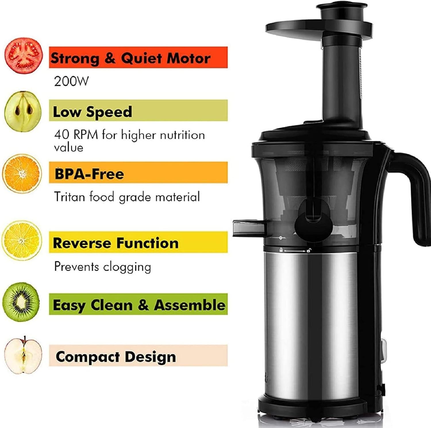 Masticating Slow Juicer, 200W Cold Press Extractor, 40RPM, Nutrient-Rich Juice for Fruits & Vegetables, Compact, Easy to Clean, Black