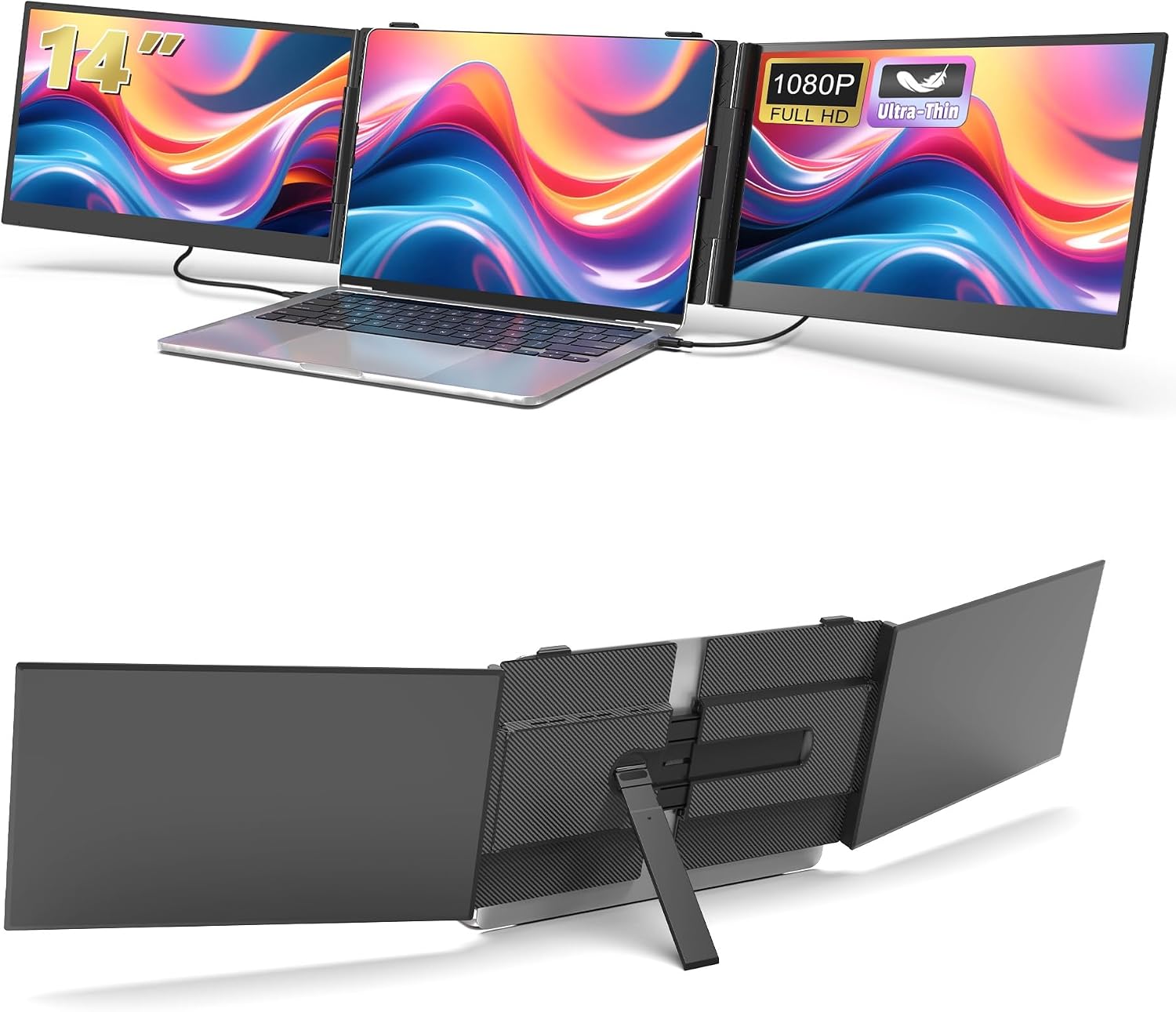 14' Triple Laptop Screen Extender, 1080P FHD IPS Ultra-Slim Portable Dual Monitor for Laptop, USB C HDMI Plug-Play Monitor Extender for Triple Display for MacOS/Windows, Fits 13-17.3' Laptops