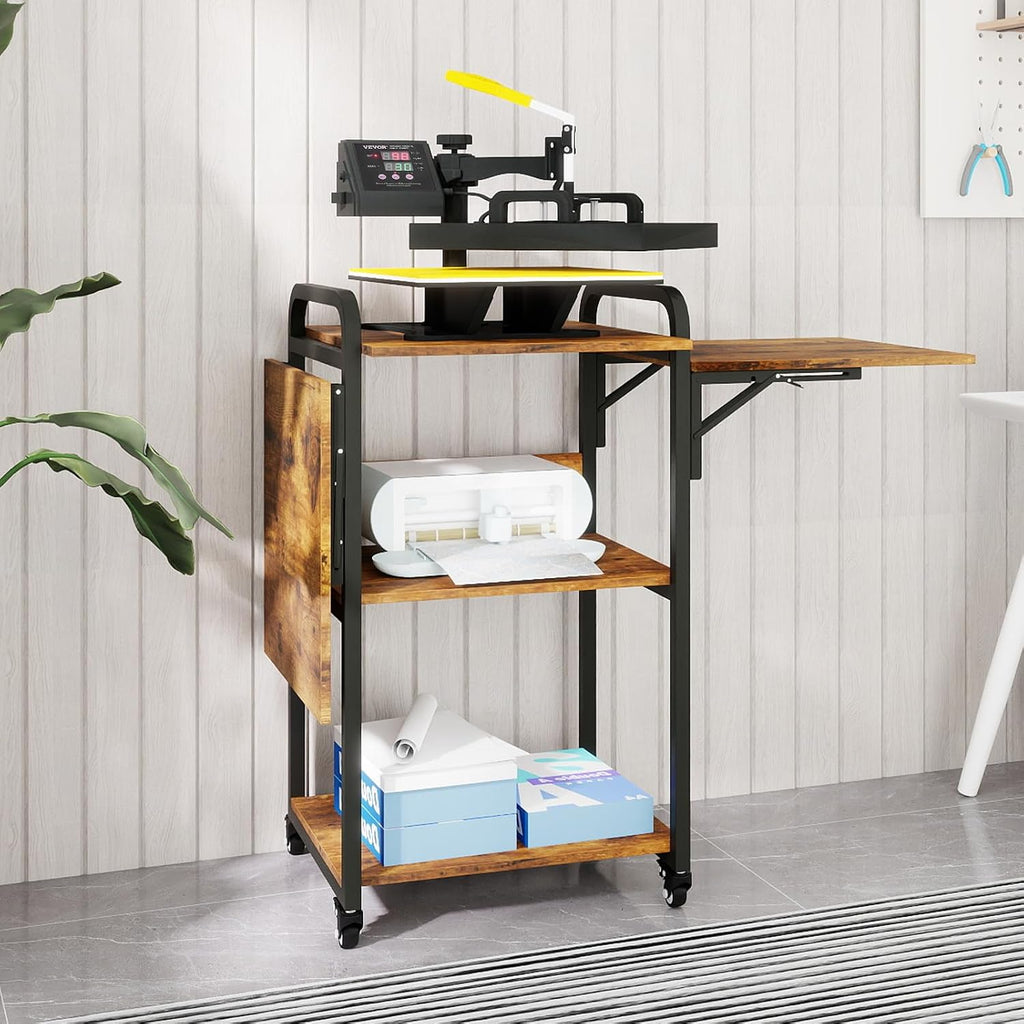 PUNCIA 3 Tier Movable Heat Press Table Foldable Heat Transfer Machine Stand Heavy Duty Rolling Workbench with Folding Table for DIY Sublimation Transfer Machine Metal Shelf Storage Organization