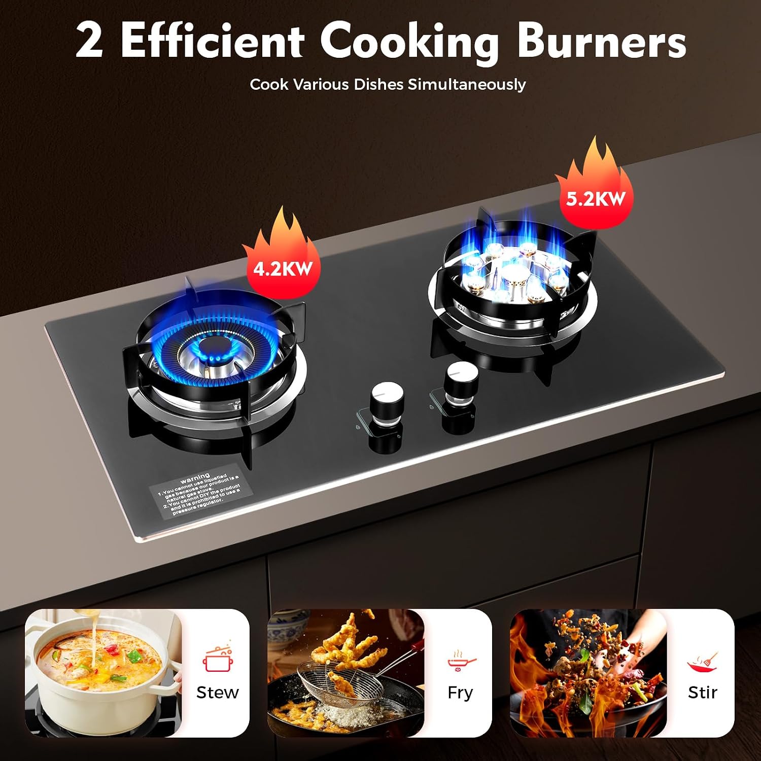 Dual Burner Gas Stove 5.2KW & 4.2KW - Professional Cooking with Flame Failure Protection & Tempered Glass Top for Home Cooks, Countertop/Embedded Installation