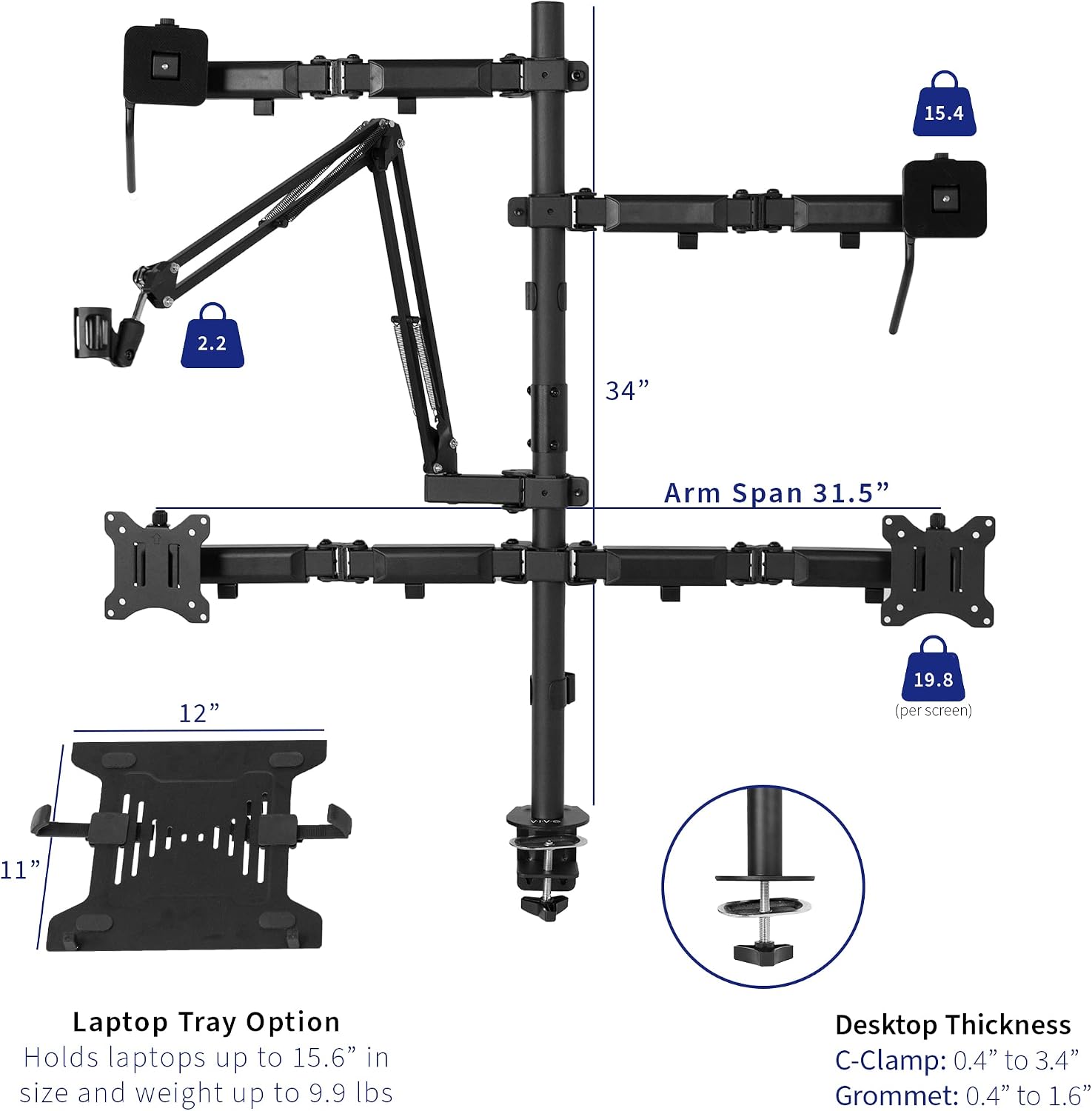 VIVO All-in-One Computer Studio Desk Mount, Mic Boom, Dual Monitor Mount up to 32 inches, Laptop Stand, Livestream Arms Compatible with Cameras, Lighting, Phone/Tablet Adapters, STAND-LIVE2L