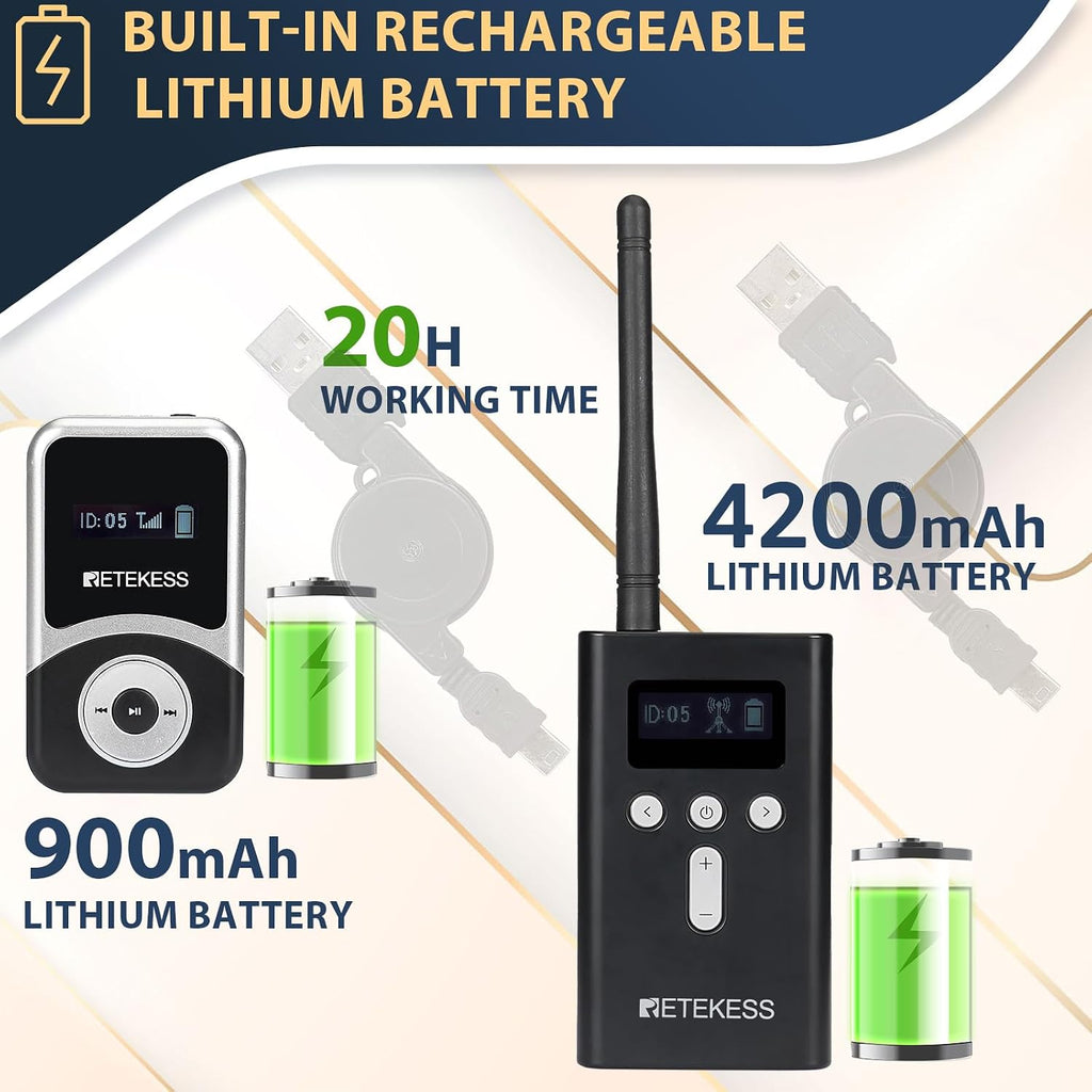 Retekess T130S(2nd Gen T130) Wireless Tour Guide System for School, Upgraded Longer Range, Church Translation Device, 20H Standby Time, Tour Guide Microphone and Speaker for Classroom(4 TX 100 RX)