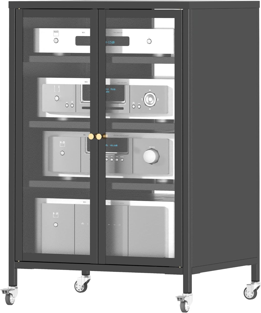 35.8' H Media Storage Cabinet with Wheels, Audio-Video Media Stand, Stereo Cabinet with Adjustable Shelves, Record Player Stand for Meeting, Living, Recording Room