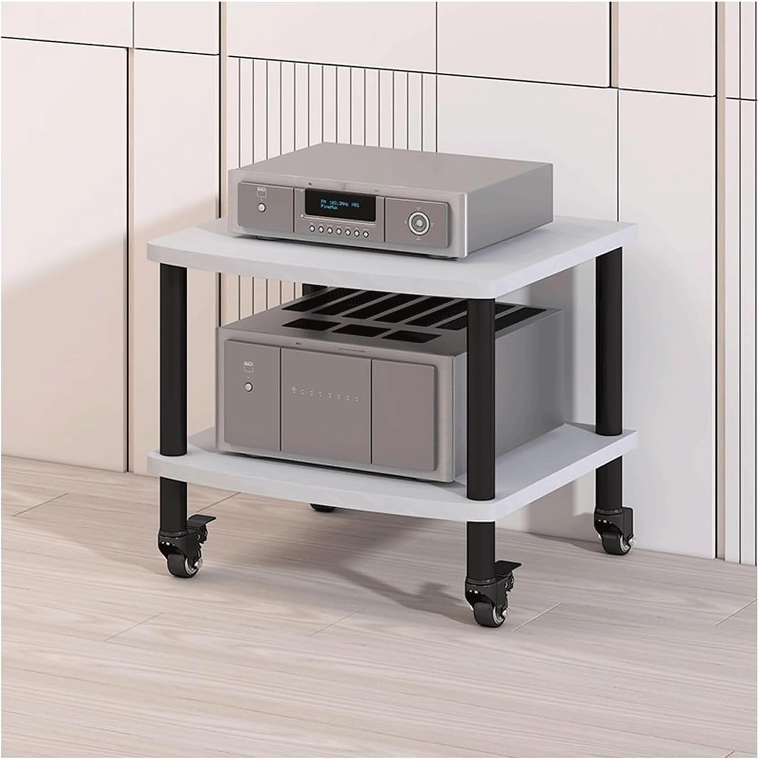 Audio Rack with Wheels Stereo Rack Audio Equipment Rack Audio Open Stereo Shelf Wooden Movable HiFi Rack Audio-Video Shelving Practical(Wei�,2 Tier)