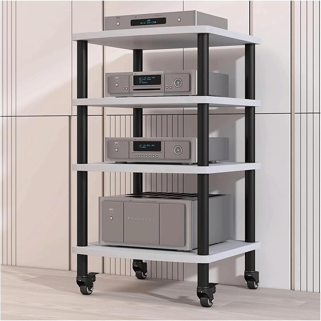 Audio Rack with Wheels Stereo Rack Audio Equipment Rack Audio Open Stereo Shelf Wooden Movable HiFi Rack Audio-Video Shelving Practical(Wei�,4 Tier)