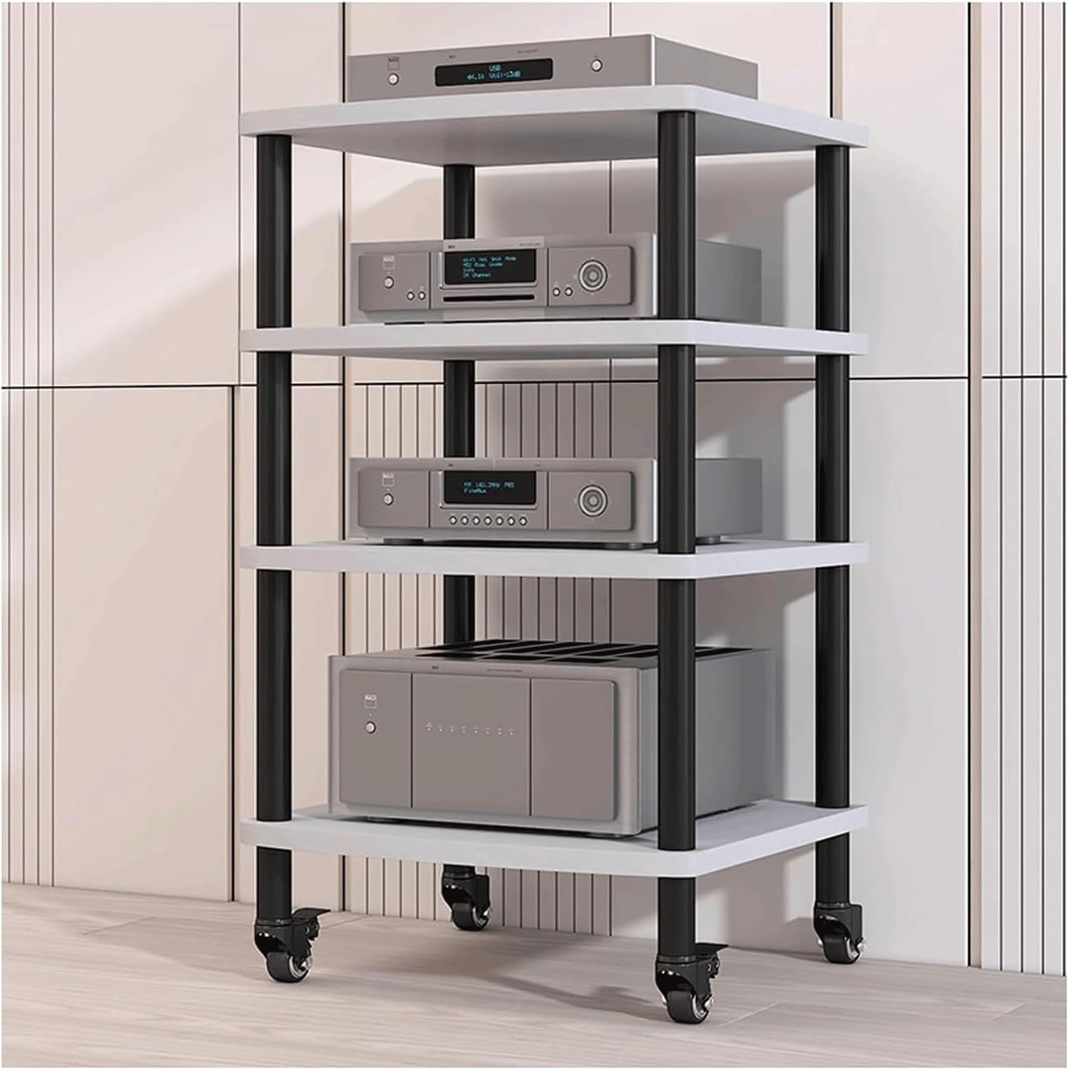 Audio Rack with Wheels Stereo Rack Audio Equipment Rack Audio Open Stereo Shelf Wooden Movable HiFi Rack Audio-Video Shelving Practical(Wei�,4 Tier)