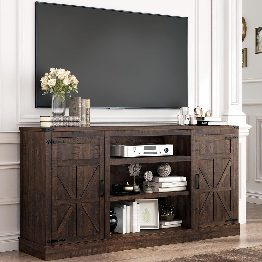 Hlivelood 66' Farmhouse TV Stand with Power Outlets for 75 Inch TVs, 33' Tall Entertainment Center with Storage Cabinets w/Adjustable Shelves, Rustic Large TV Media Console for Living Room, Brown