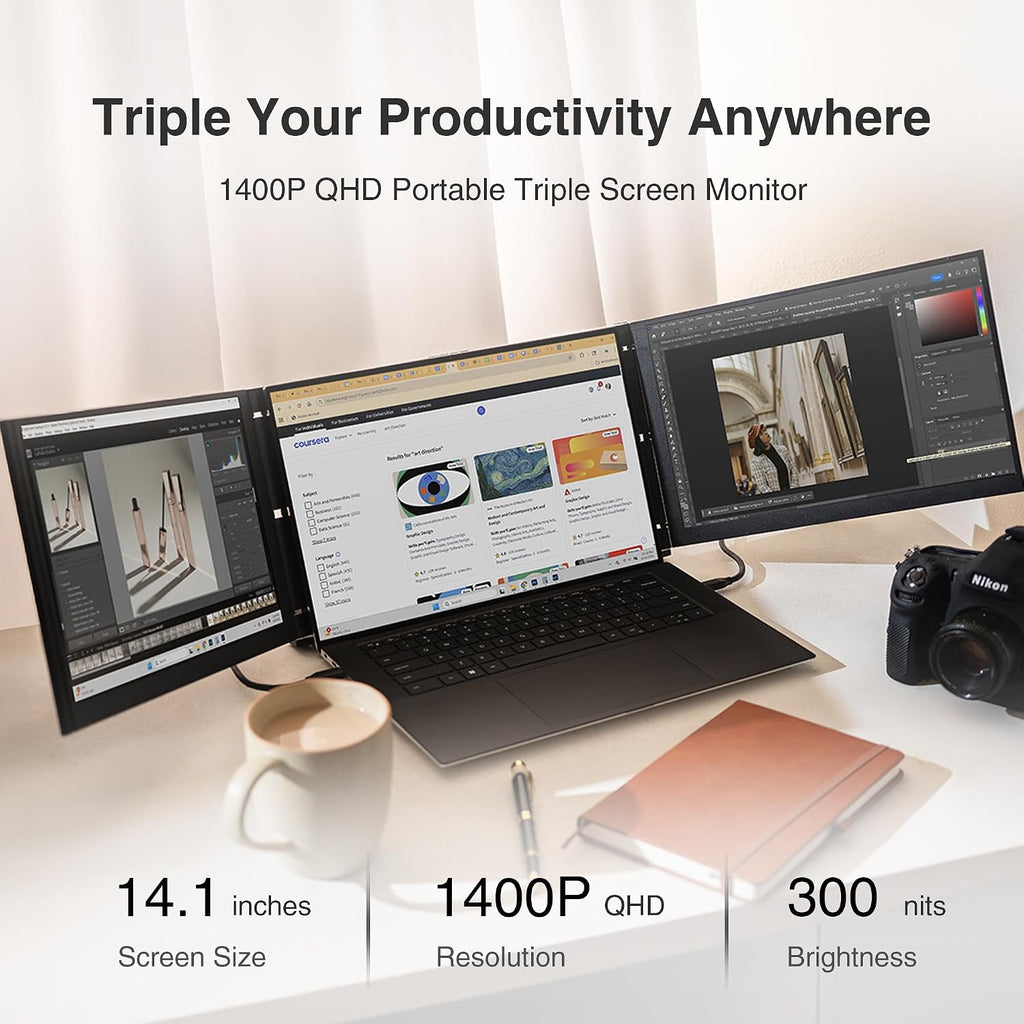 Trio 3 Pro 14.1' Mobile Pixels Portable Laptop Monitor(2026 Version), 1400p QHD Triple Monitor with Built-in Kickstand, One USB-C Cable Setup Laptop Screen Extender(Optional Magnets), Windows/macOS