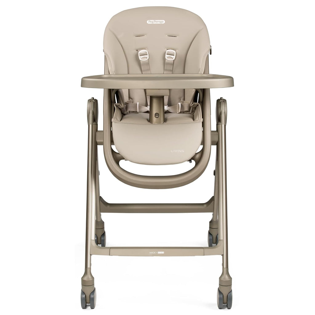 Peg Perego Living, Grow with Baby Folding High Chair & Recliner, Height Adjustable, Quick Clean & Easy Push Wheels for Babies & Toddlers, Made in Italy, Space Sand