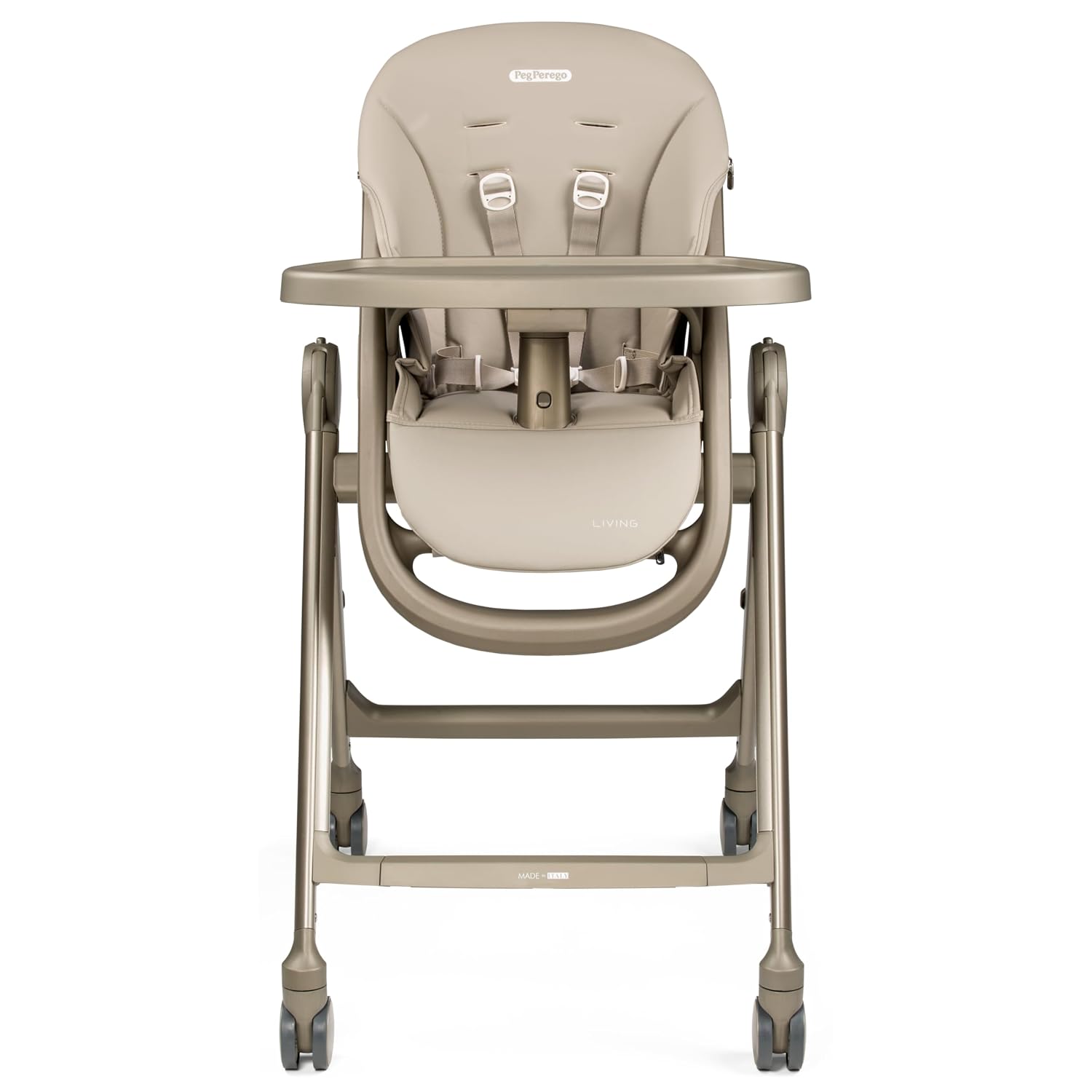 Peg Perego Living, Grow with Baby Folding High Chair & Recliner, Height Adjustable, Quick Clean & Easy Push Wheels for Babies & Toddlers, Made in Italy, Space Sand