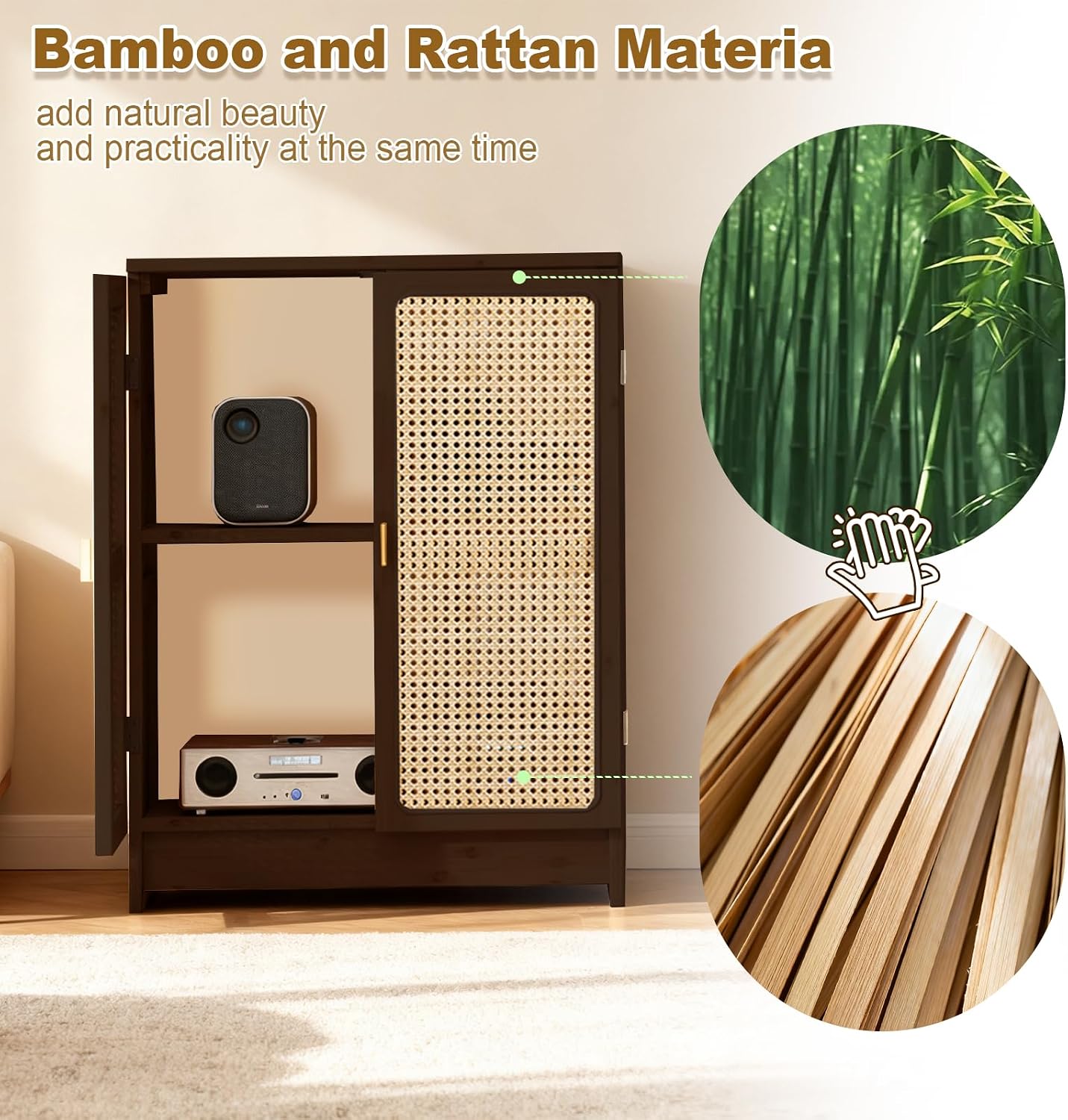 Jueraori WiFi Router Storage Cabinet, Bamboo Router Cabinet with Adjustable Shelves, Multimedia Audio Rack with Doors, 2 Layer Standing Cabinets for Home and Office