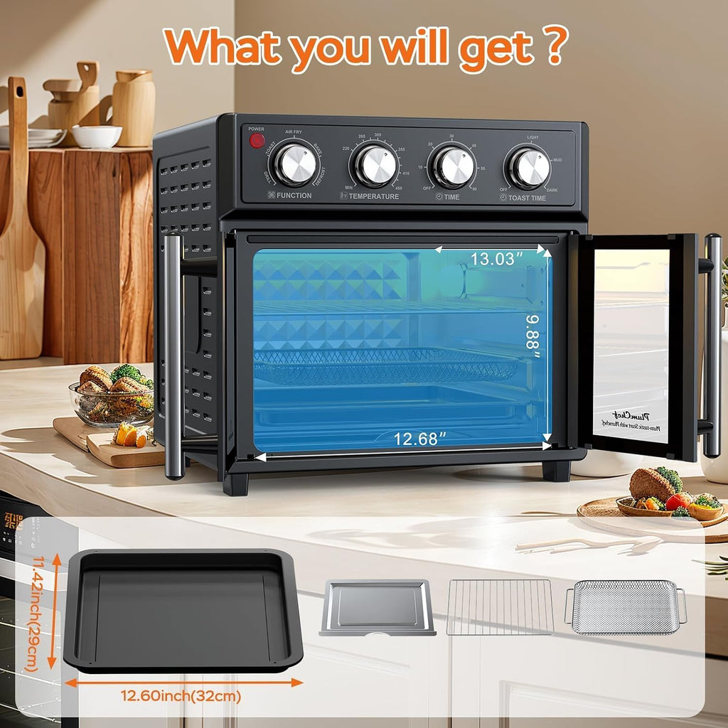 PlumChef 27.5 Quart Extra Large 6 Slices Air Fryer Convection Toaster Oven, French Door, 1700W, Multifunction Oven for Air Fryer, Toast, Grill, Defrost, Bake (Black)