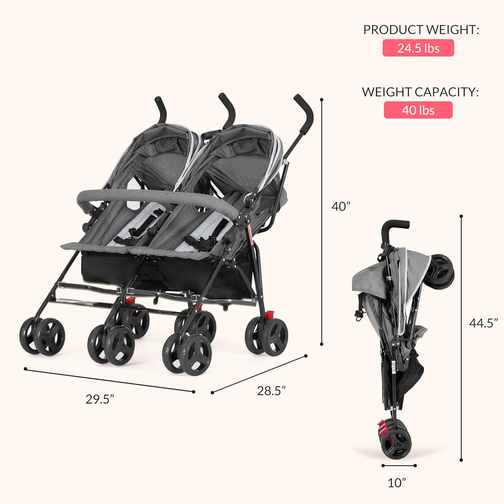 Dream On Me Volgo Twin Baby Stroller, Lightweight Side-by-Side Double Umbrella Stroller with Adjustable Canopy, 5-Point Harness, Storage Basket & Travel-Friendly Fold – Dark and Light Grey