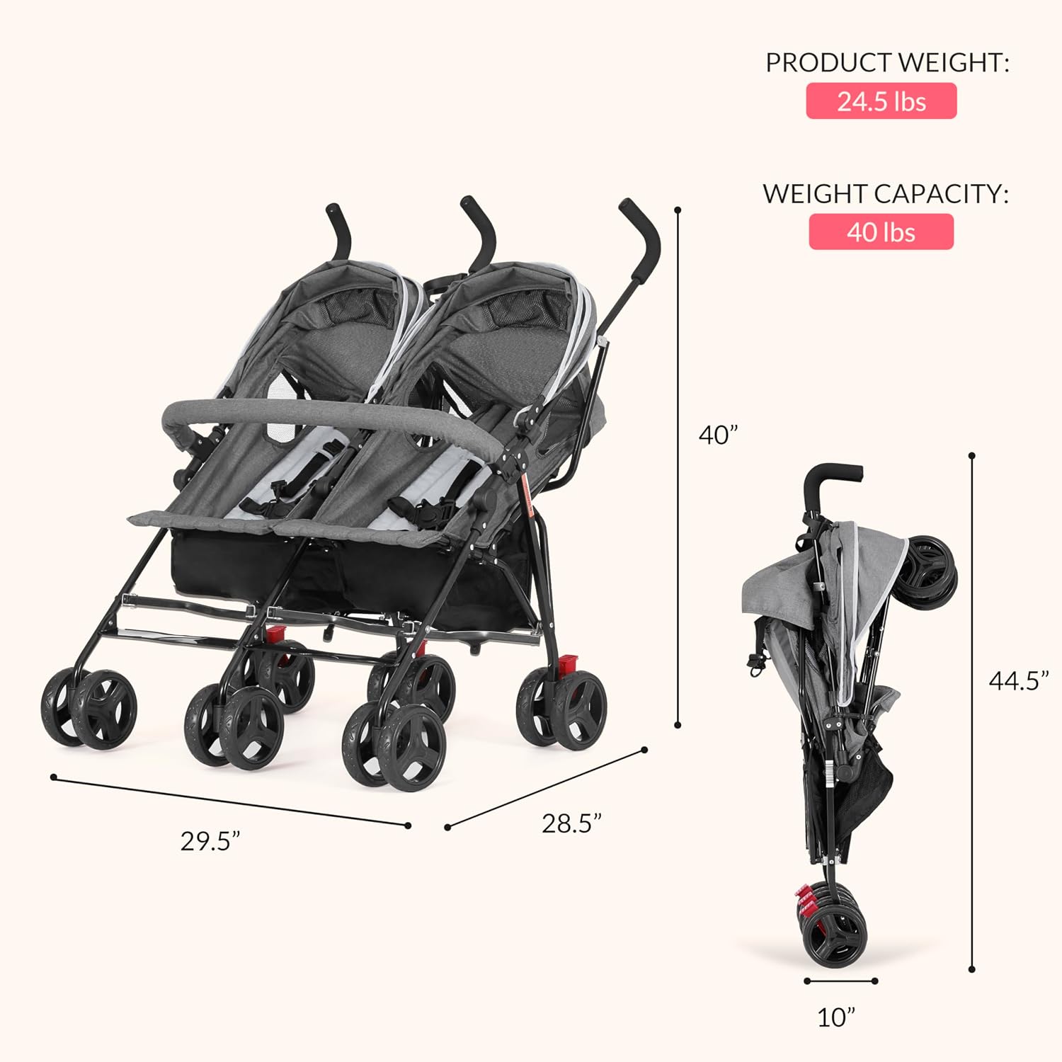 Dream On Me Volgo Twin Baby Stroller, Lightweight Side-by-Side Double Umbrella Stroller with Adjustable Canopy, 5-Point Harness, Storage Basket & Travel-Friendly Fold – Dark and Light Grey
