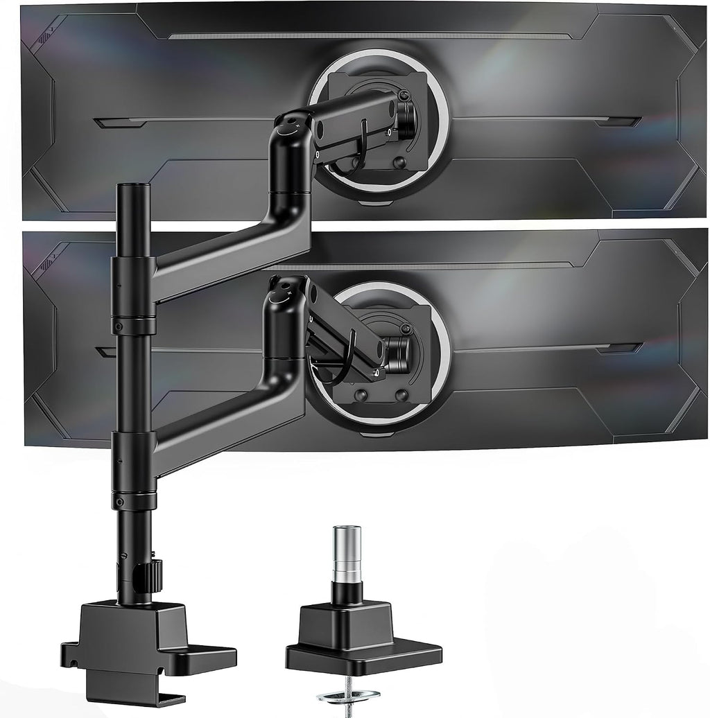 monTEK Dual Monitor Arm for up to 57' and 59.4 lbs Ultrawide Screen, Aluminum Heavy-Duty Gas Spring Vertical Stackable Curved Screen Adjustable Monitor Stand, 75/100mm Vesa Mount, Black