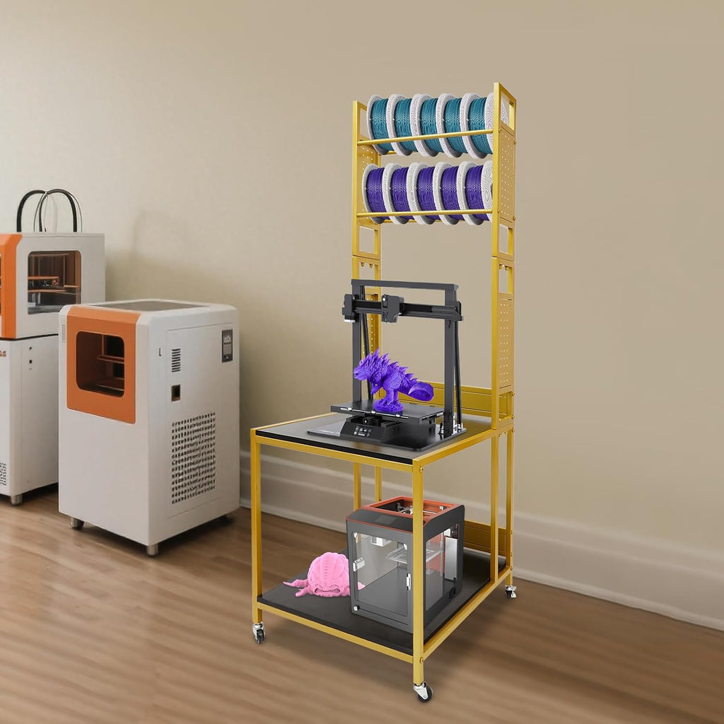 3D Printer Stand with Double Layer,2 Tiers 3D Printer Filament Storage Rack, Heavy Duty Mobile Printer Table with Wheels for Studios,Offices,Living Rooms,Garages(Gold)