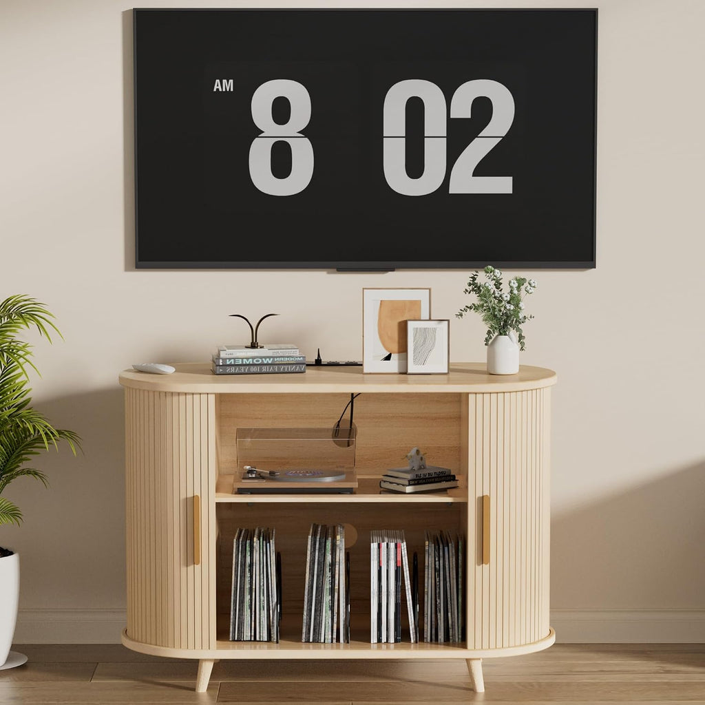 Large Record Player Stand with LED Lights, Vinyl Record Storage with Charging Station & USB Ports, Record Player Cabinet for Living Room(Natural, 55in) (Natural, 39in)