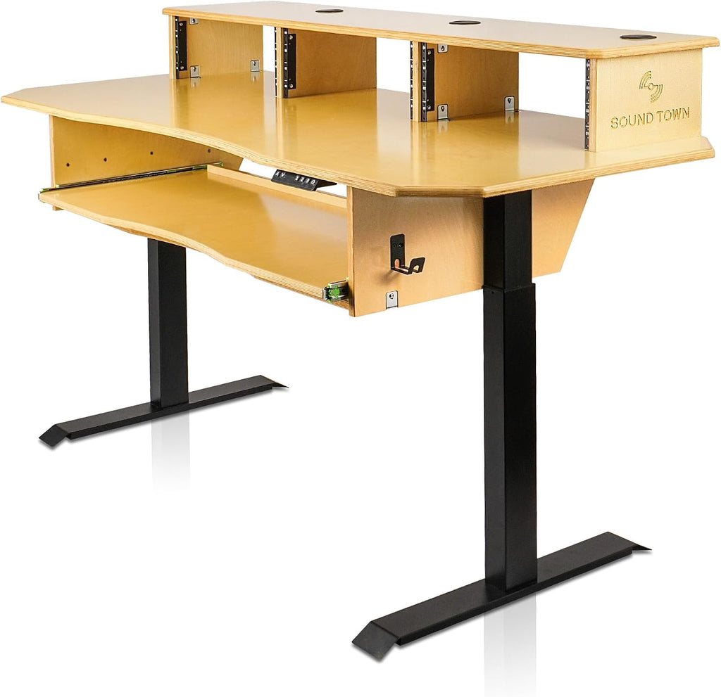 Sound Town DIY Music Studio Desk Workstation Furniture, Electric Height Adjustable, 3x4U Rack Space & Top Shelf, Sliding Piano Keyboard Tray, All Plywood, Golden Oak, (SDRK-SD1)